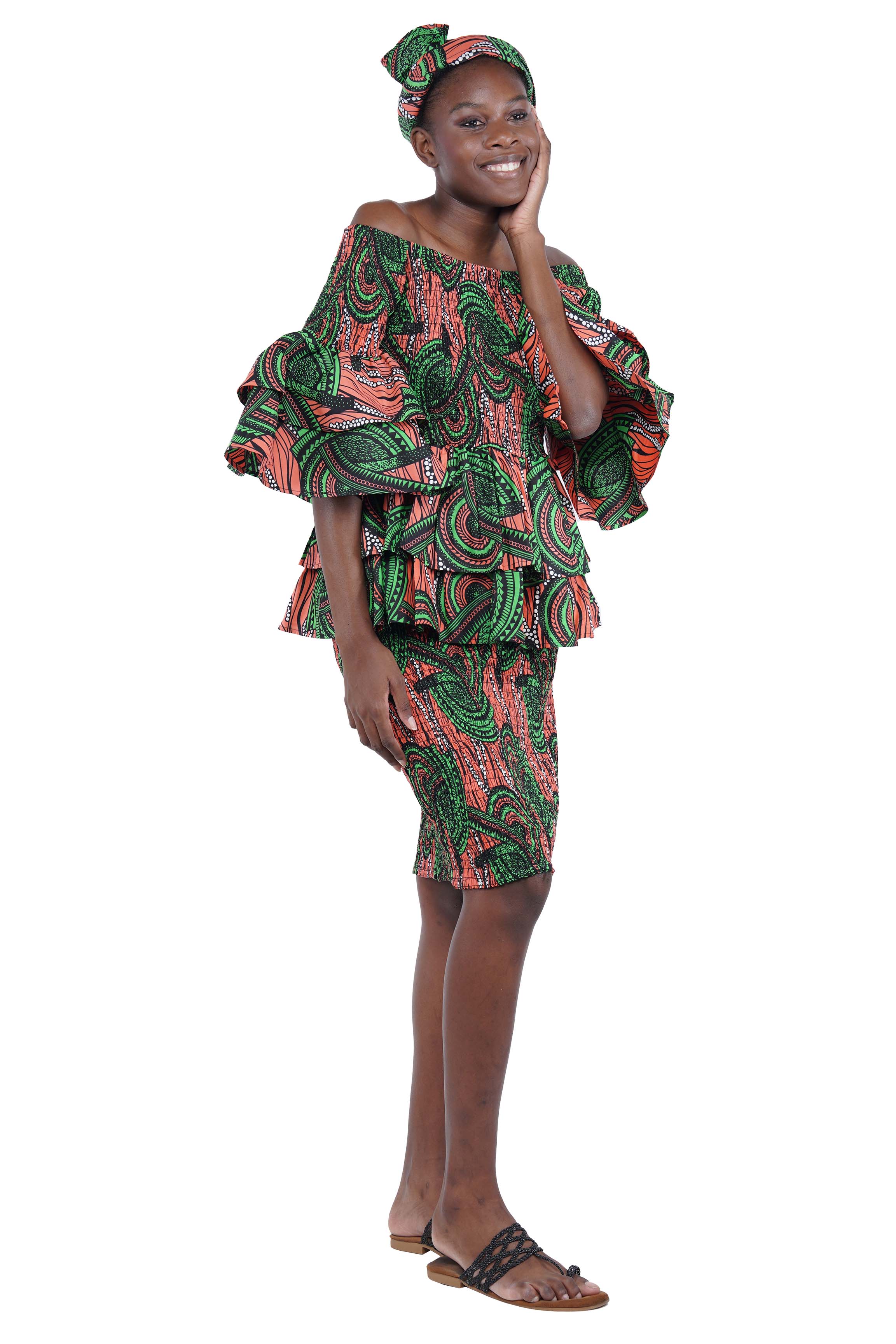 African Smocked Blouse & Skirt Set w/ Head Wrap | Ankara Dashiki Print Dress Attire, One Size