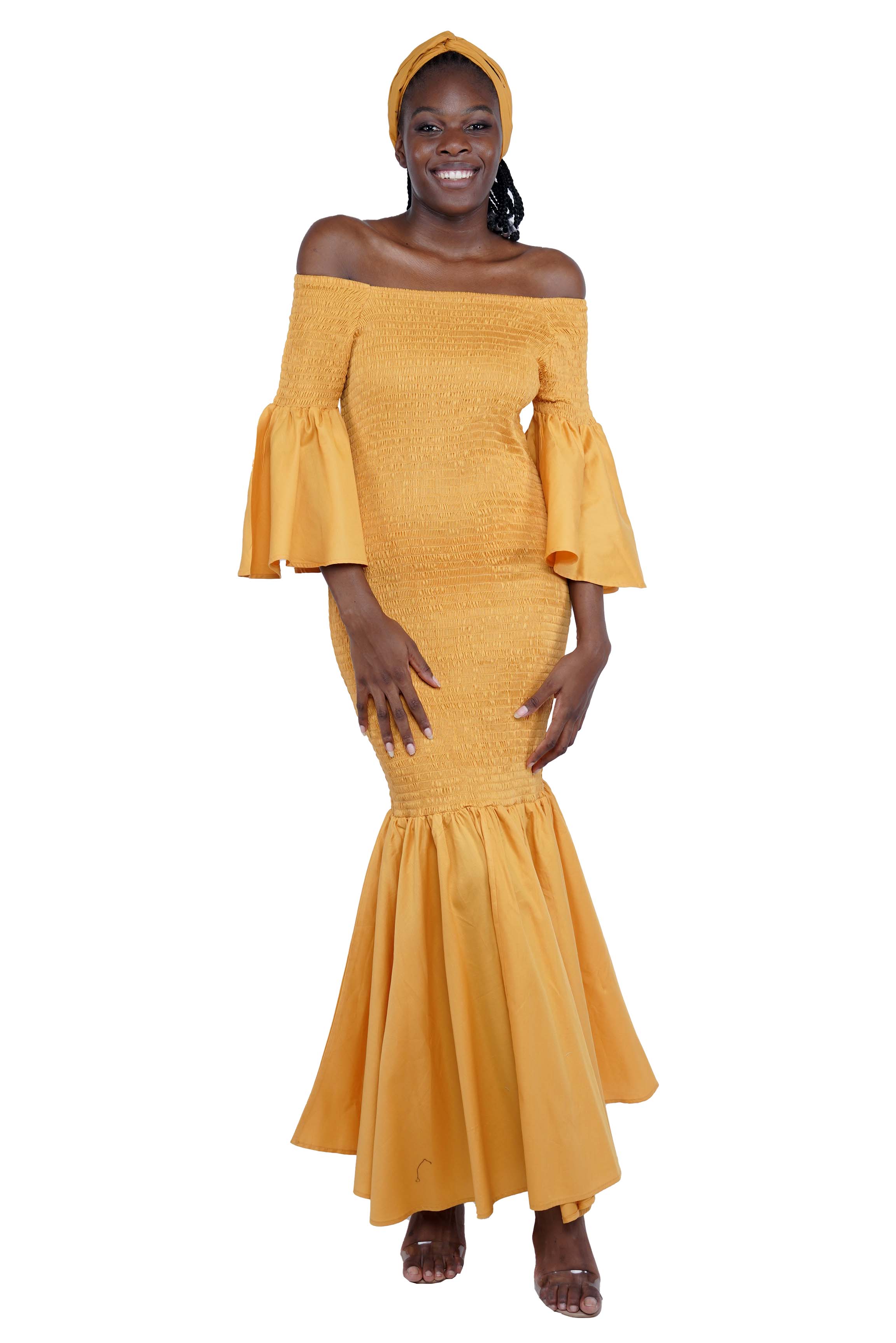 Mustard Long Smocked Mermaid/Fish Tail Dress