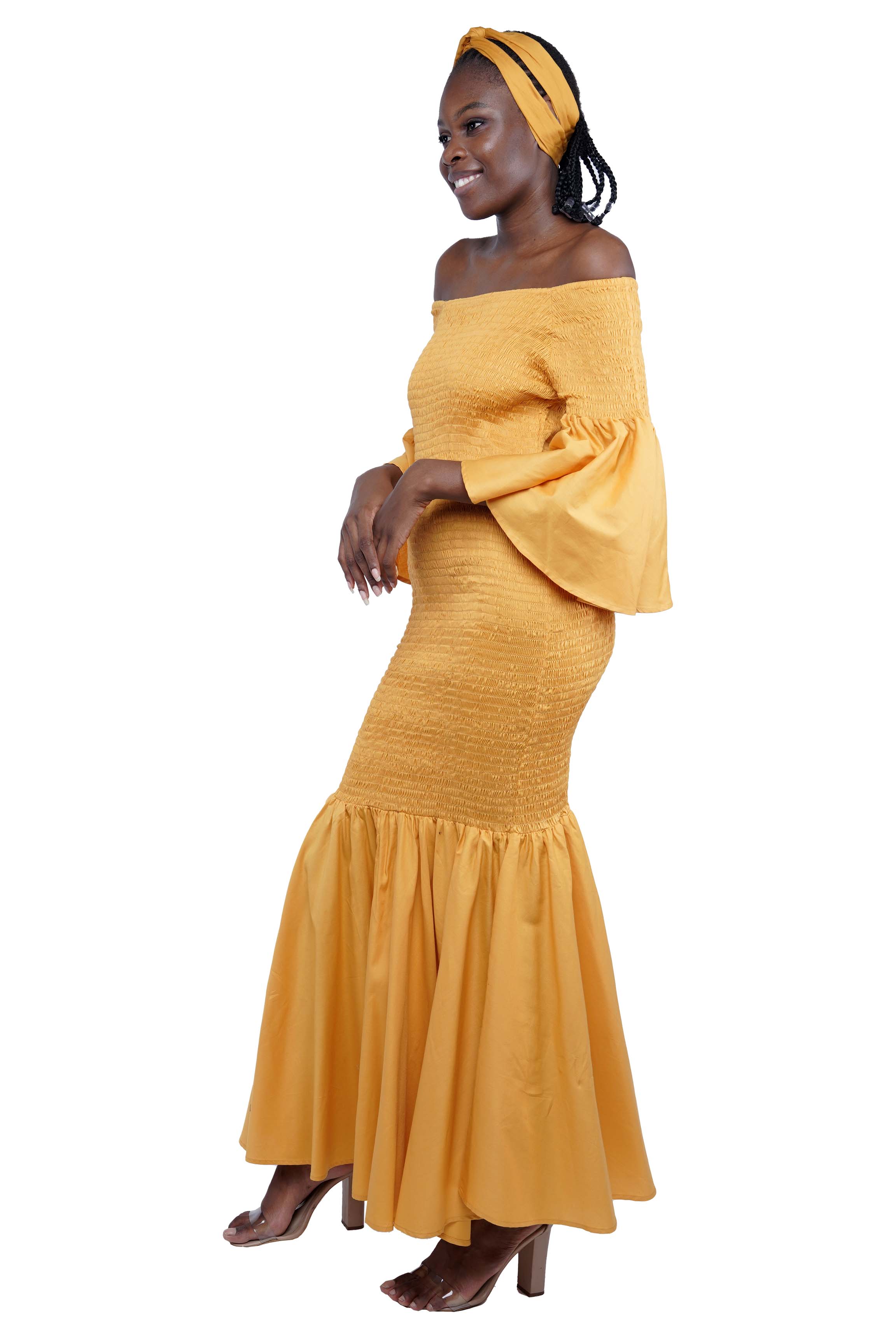 Mustard Long Smocked Mermaid/Fish Tail Dress