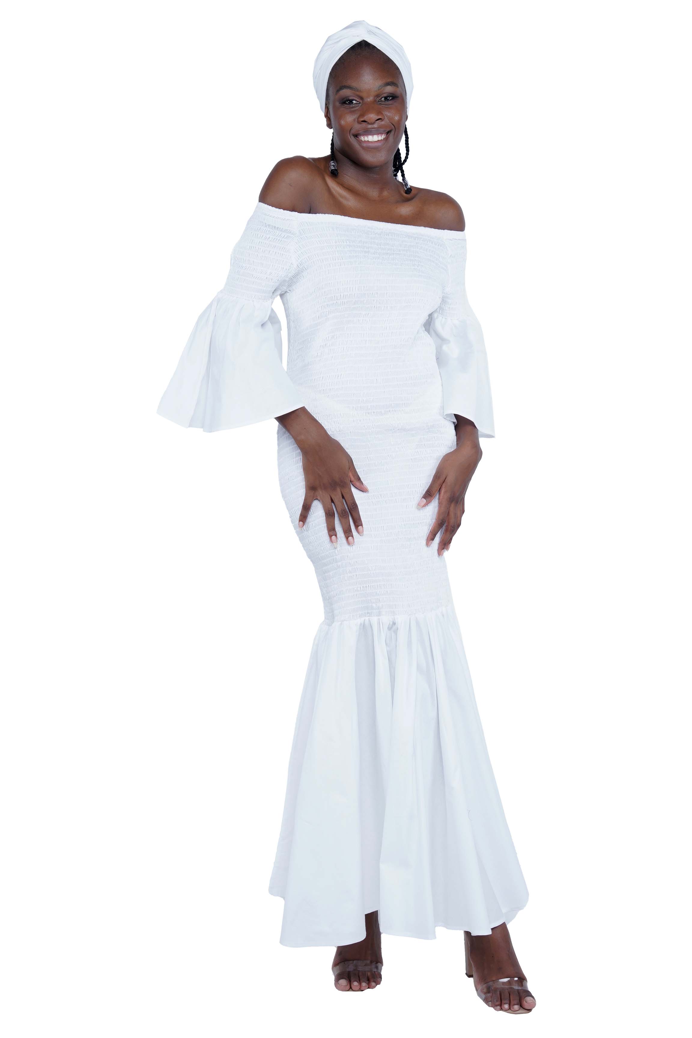 White Long Smocked Mermaid/Fish Tail Dress