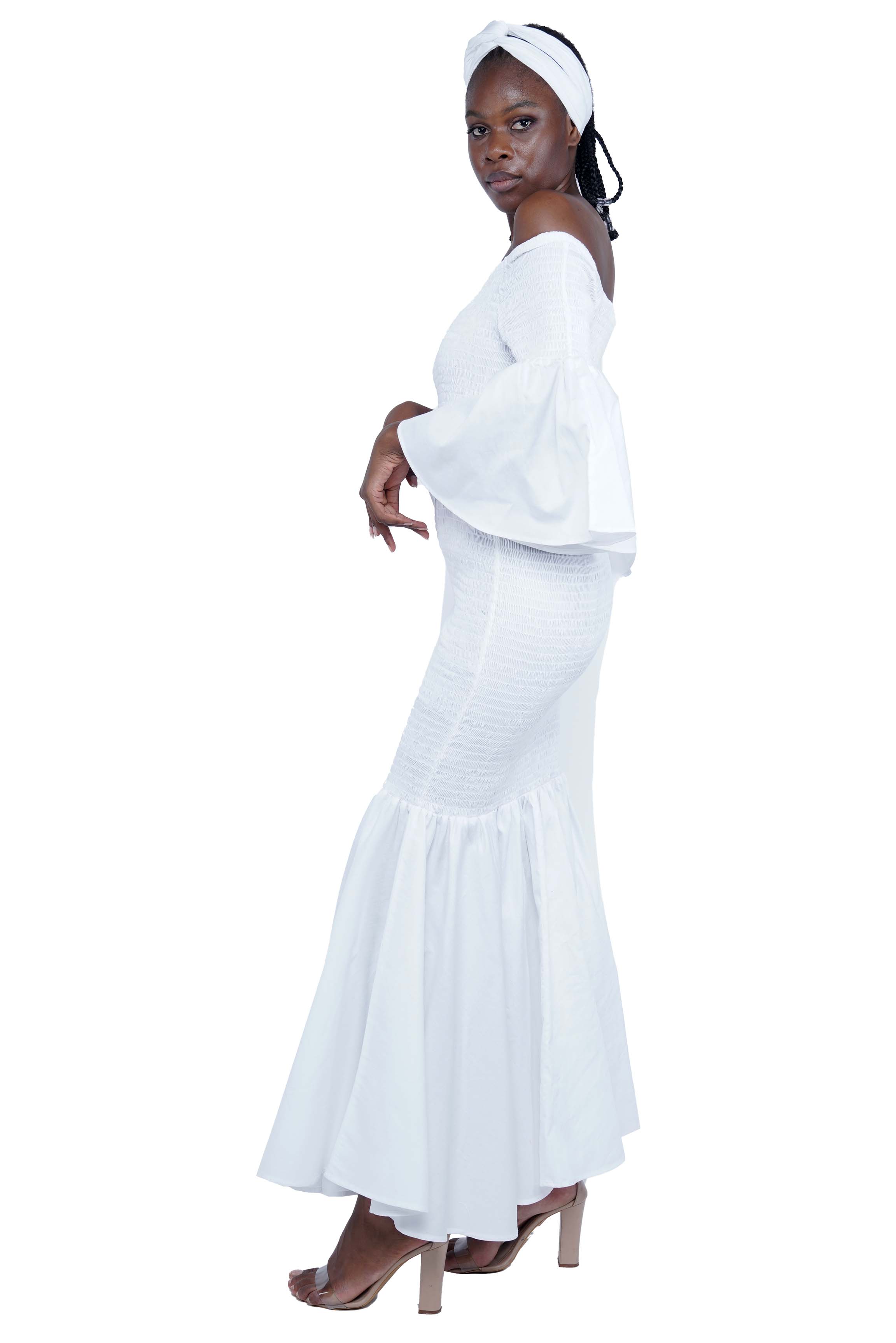 White Long Smocked Mermaid/Fish Tail Dress