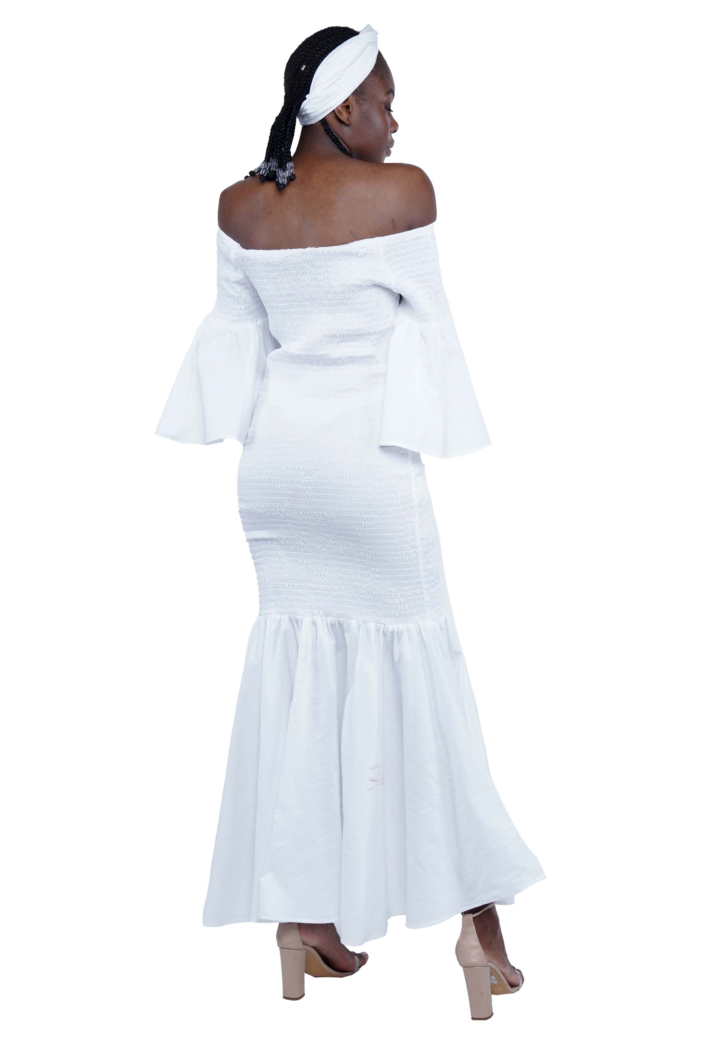 White Long Smocked Mermaid/Fish Tail Dress
