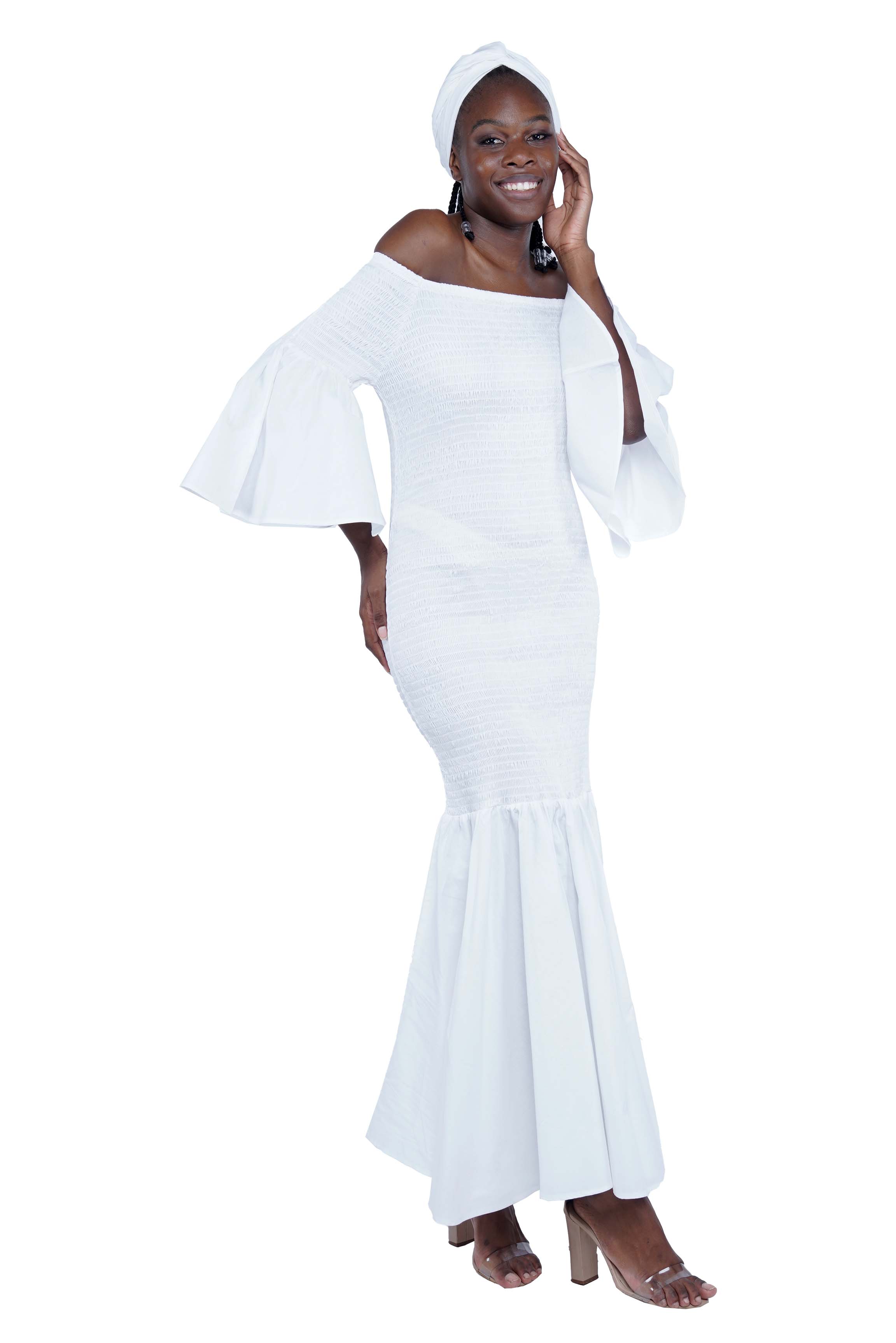 White Long Smocked Mermaid/Fish Tail Dress