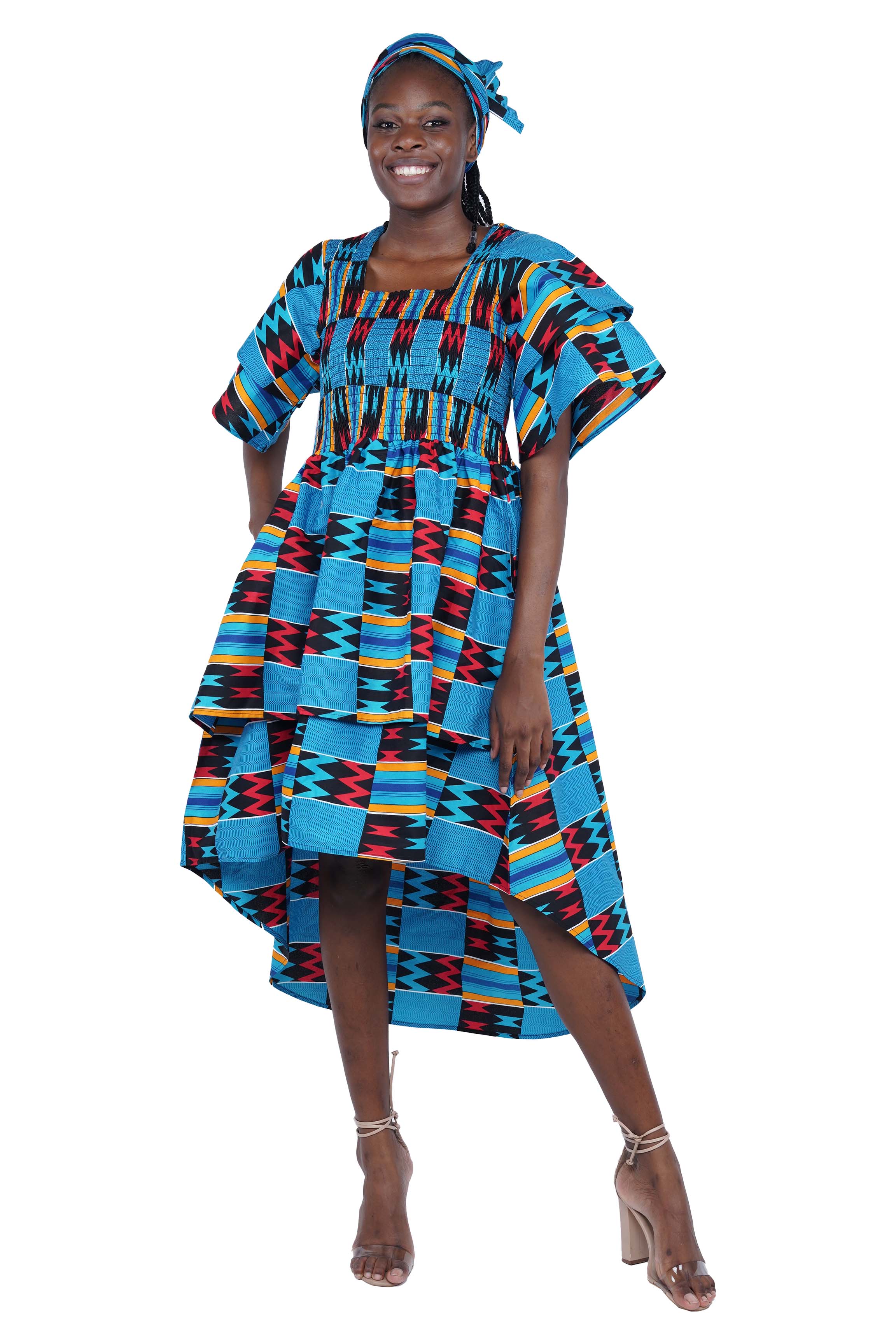 African smocked high low dress with headwrap and pockets
Afrocentric cotton dress with double layer hem and V neckline
High low African dress one size fits most
African dresses for women