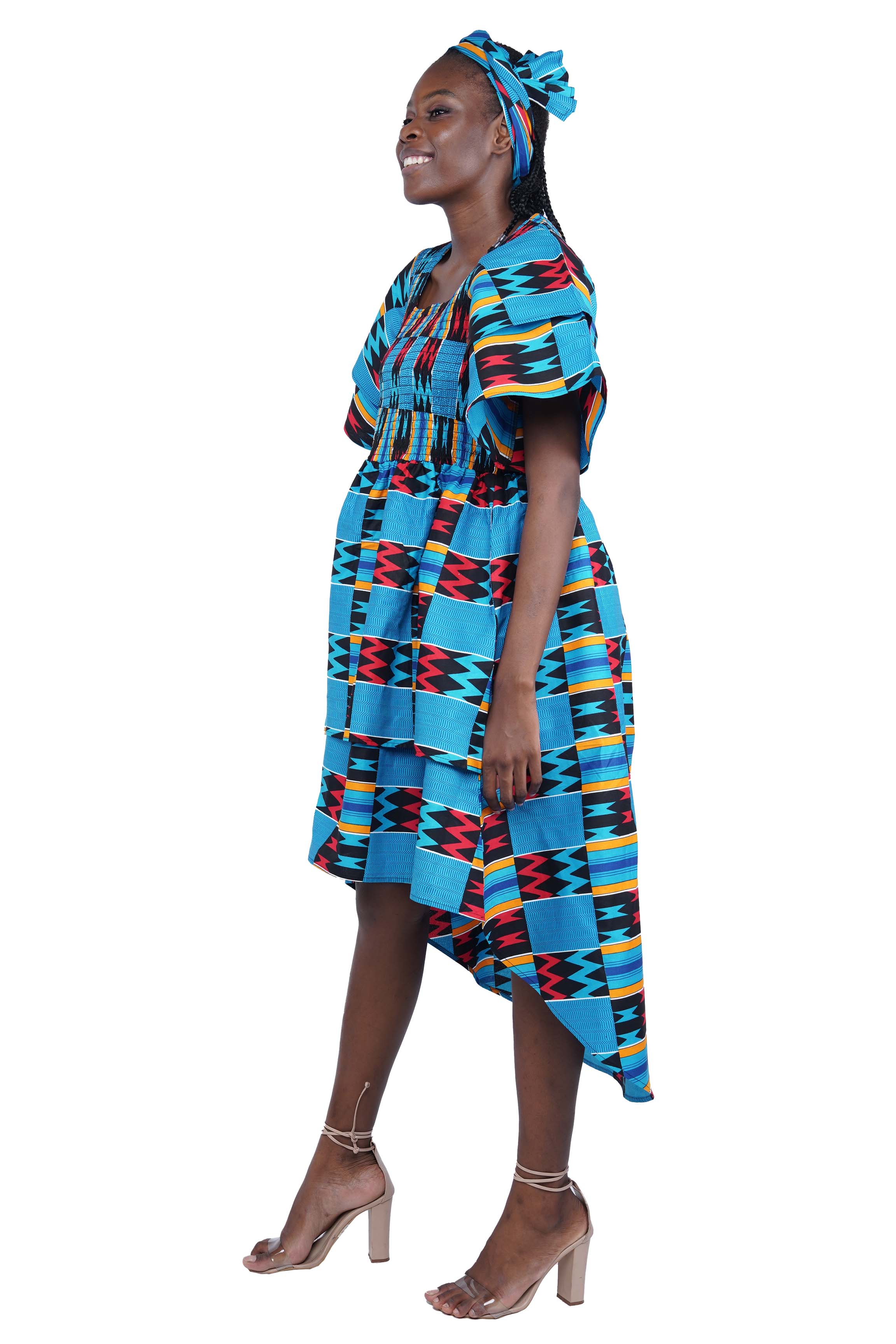 African Smocked High Low Dress – V Neckline | Double Layer Front Hem | Cotton