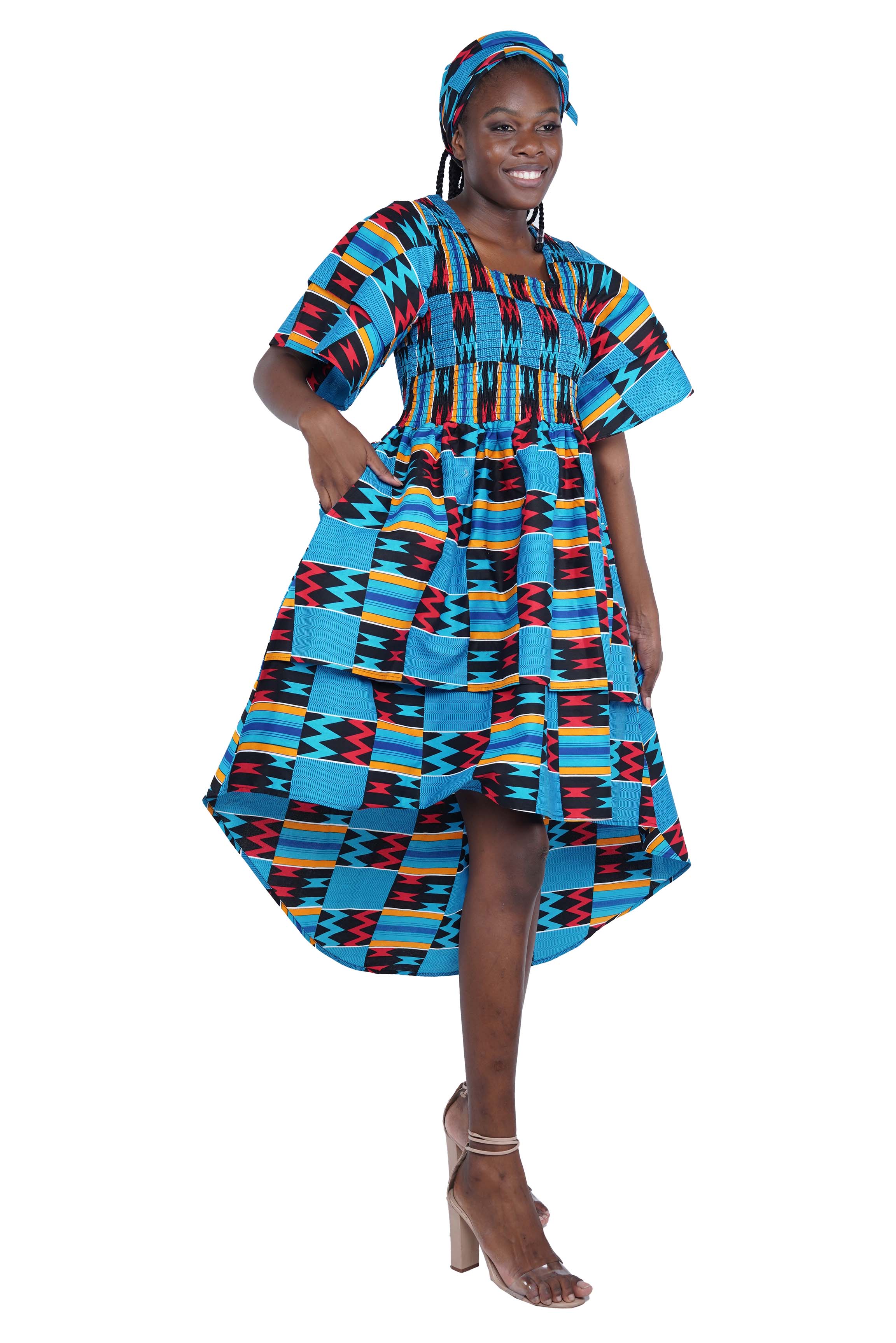 African smocked high low dress with headwrap and pockets
Afrocentric cotton dress with double layer hem and V neckline
High low African dress one size fits most
African dresses for women