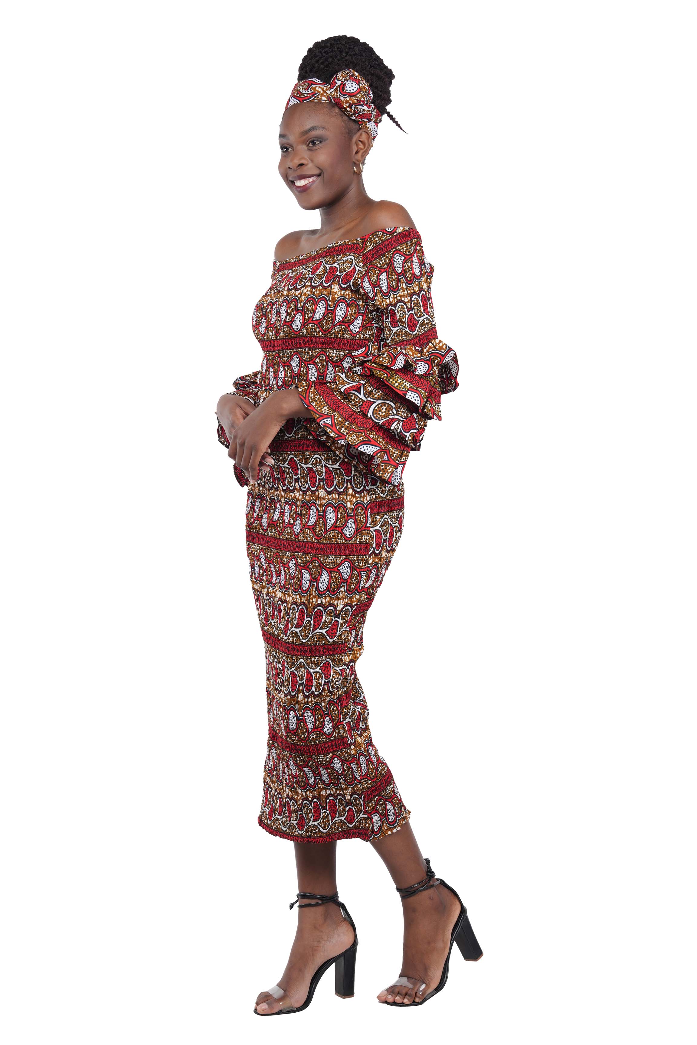 Long Smocked Pencil Dress Ruffle Sleeves