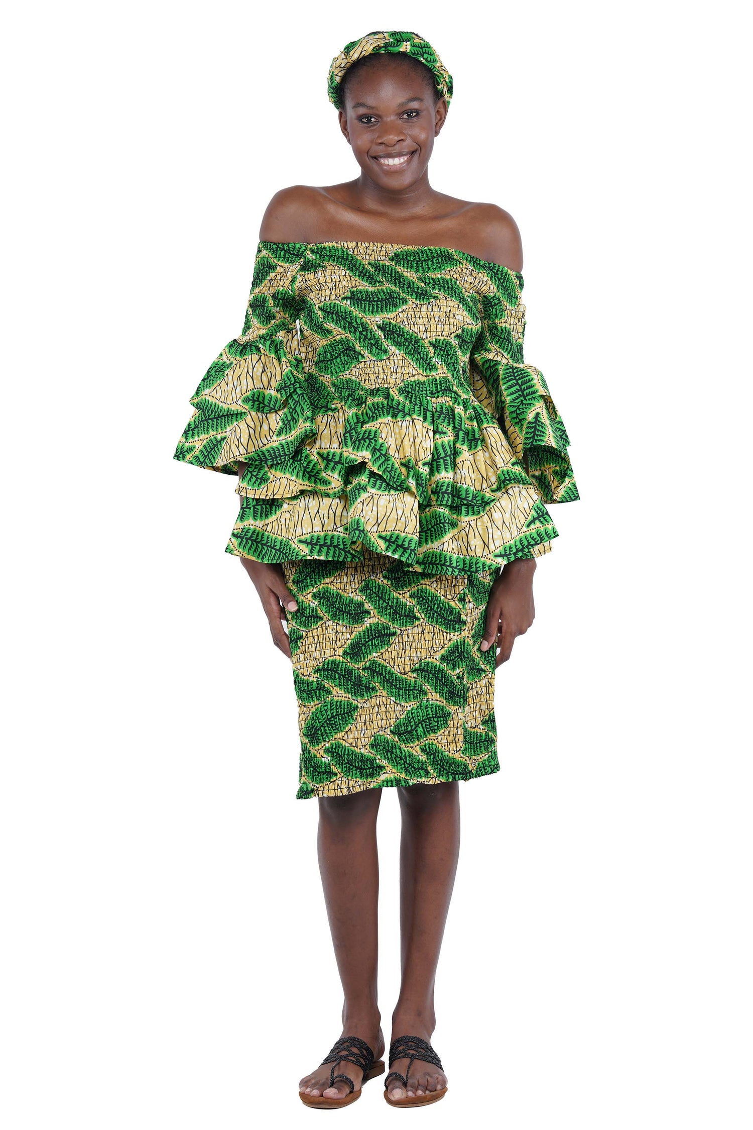 African Smocked Blouse & Skirt Set w/ Head Wrap | Ankara Dashiki Print Dress Attire, One Size