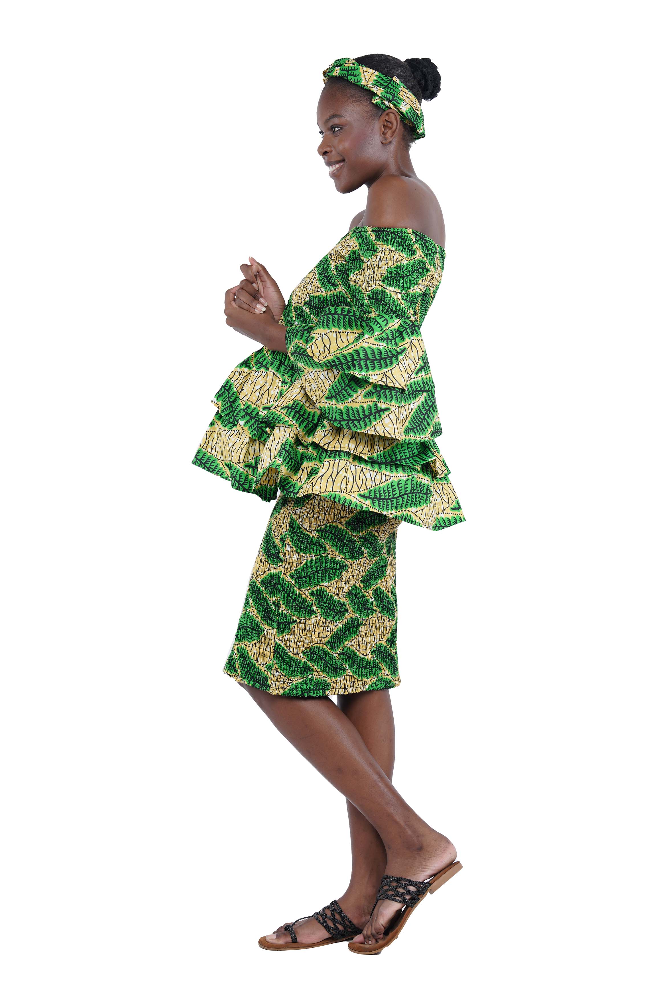 African Smocked Blouse & Skirt Set w/ Head Wrap | Ankara Dashiki Print Dress Attire, One Size