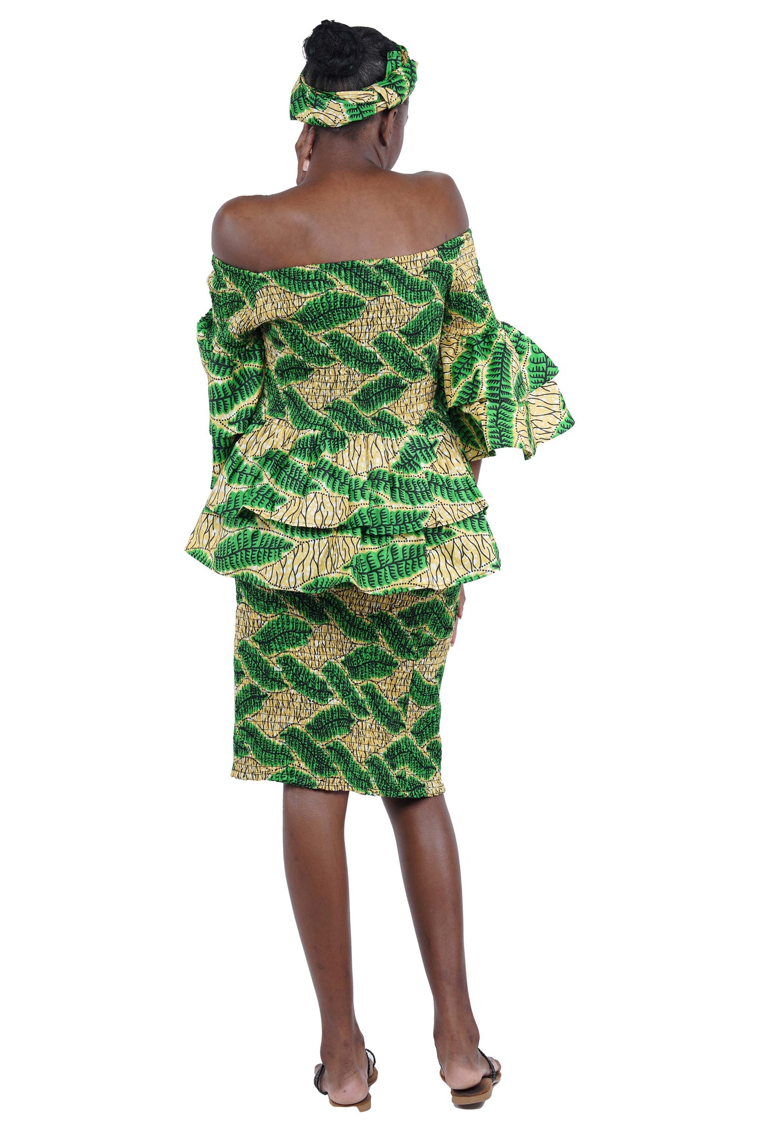 African Smocked Blouse & Skirt Set w/ Head Wrap | Ankara Dashiki Print Dress Attire, One Size