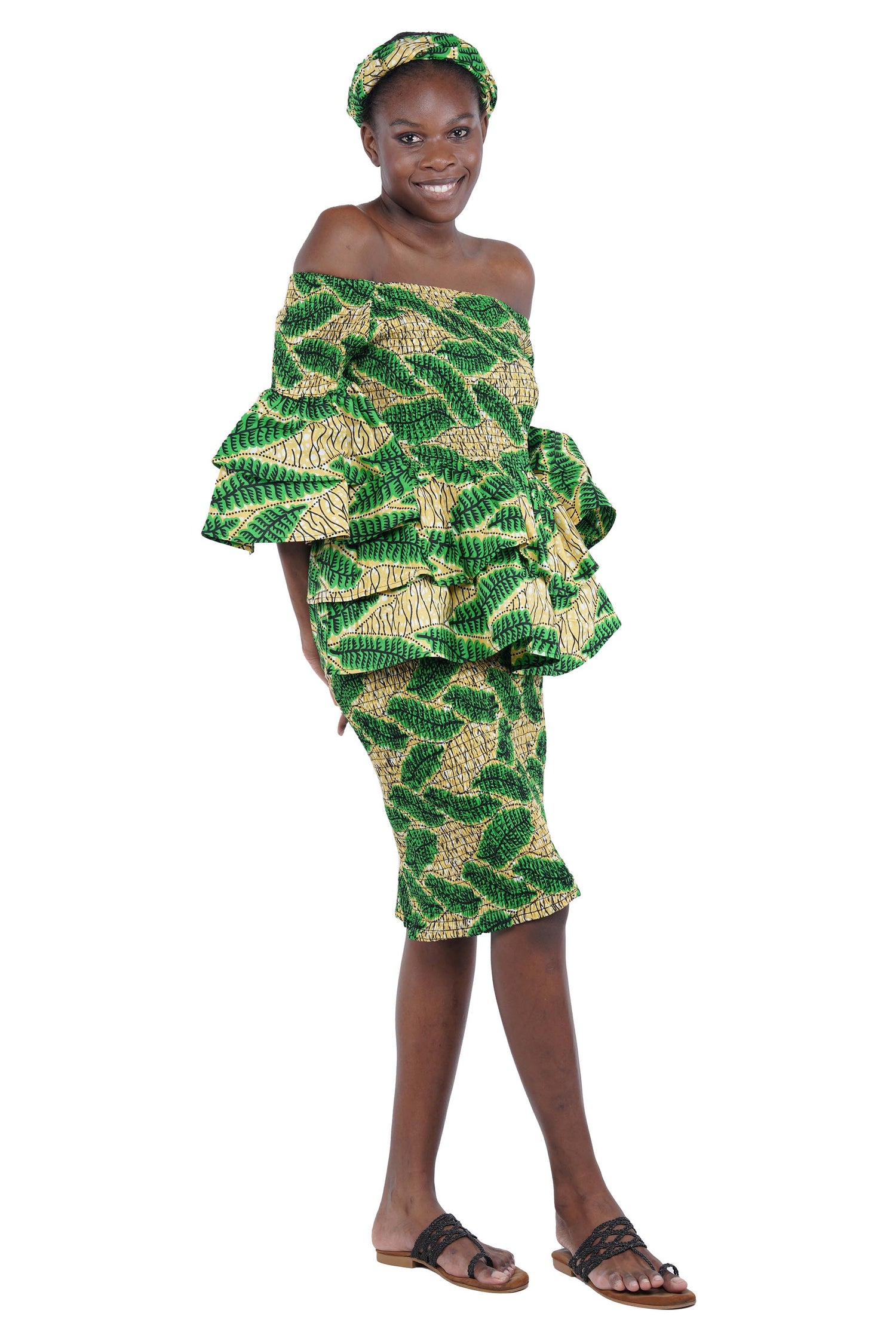 African Smocked Blouse & Skirt Set w/ Head Wrap | Ankara Dashiki Print Dress Attire, One Size