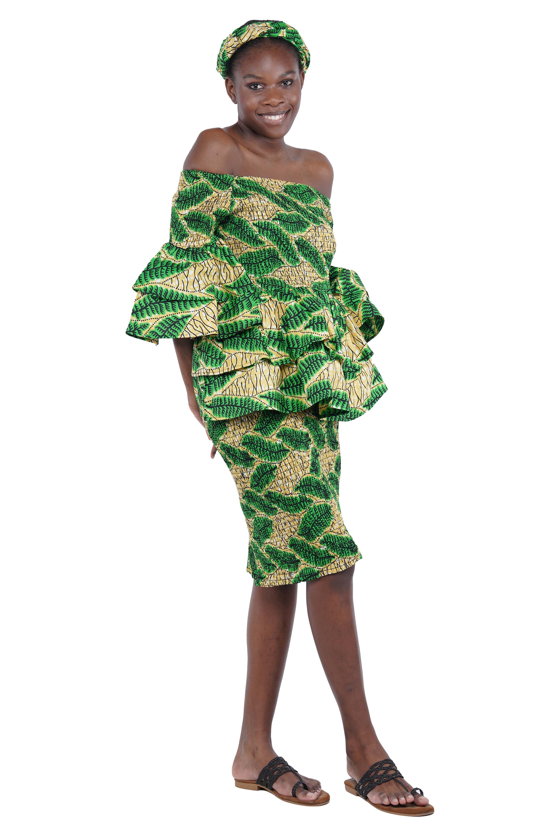 African Smocked Blouse & Skirt Set w/ Head Wrap | Ankara Dashiki Print Dress Attire, One Size