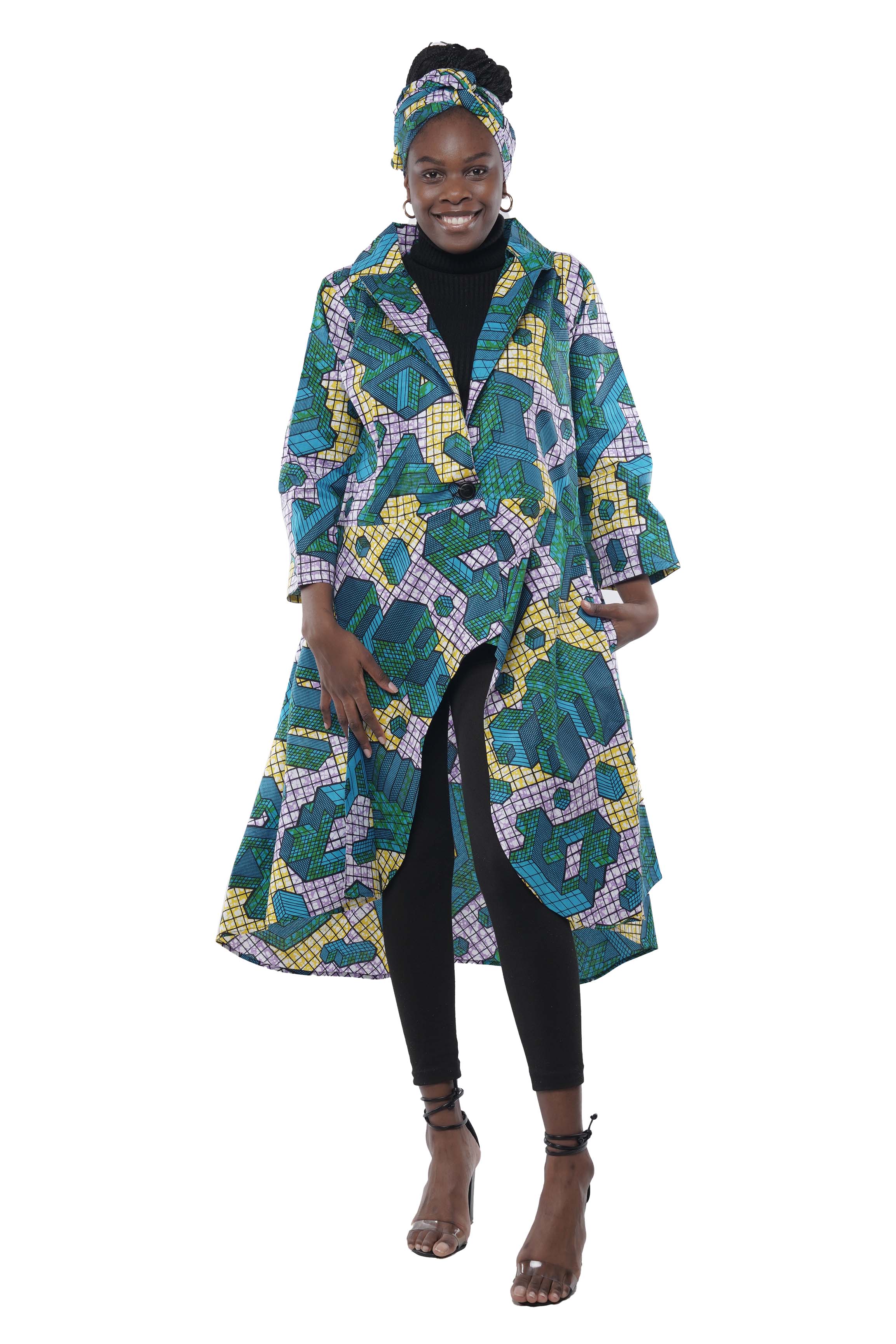 African High Low Jacket Trench Coat Kimono Duster 100% Cotton with Belt & Wrap