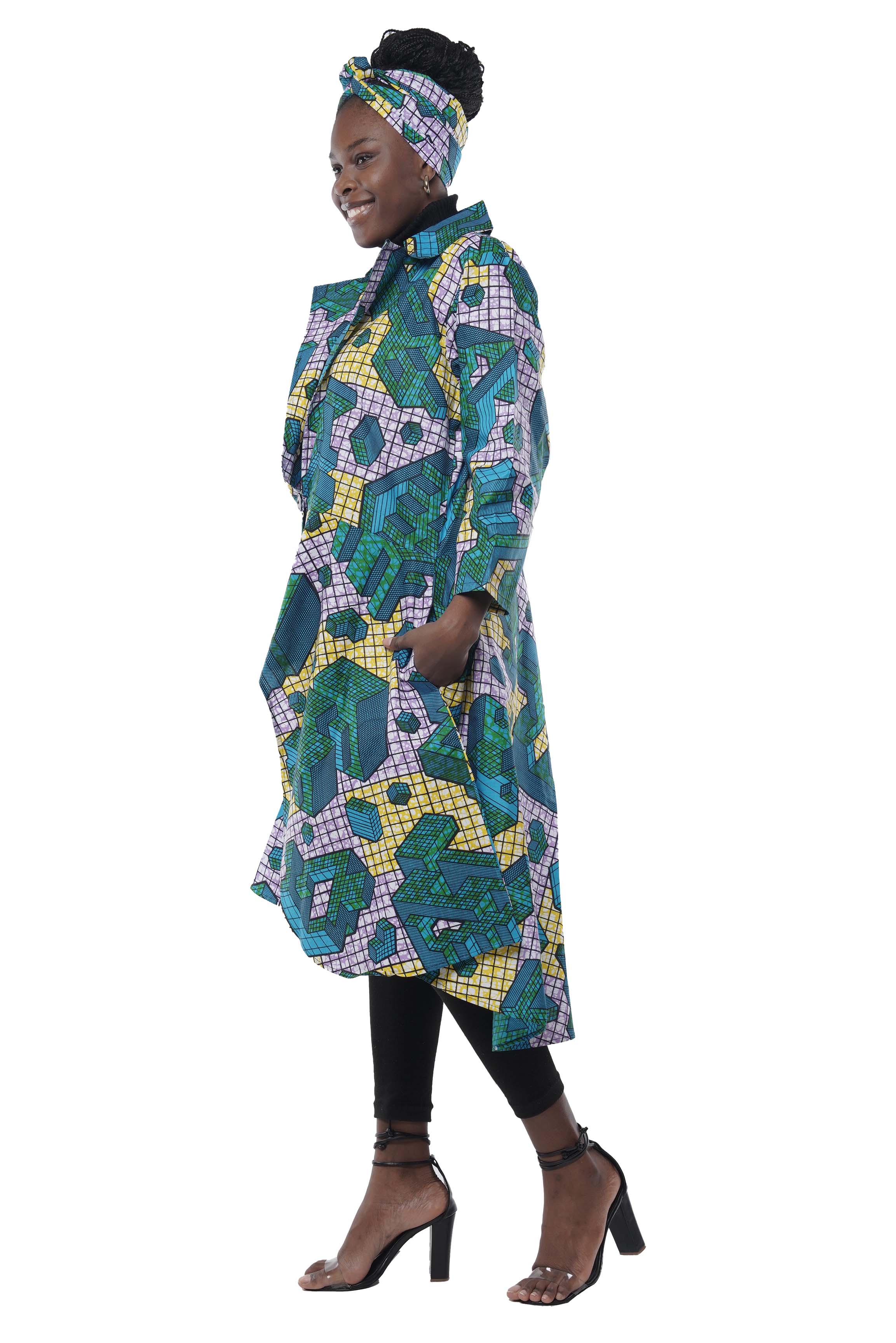 African High Low Jacket Trench Coat Kimono Duster 100% Cotton with Belt & Wrap
