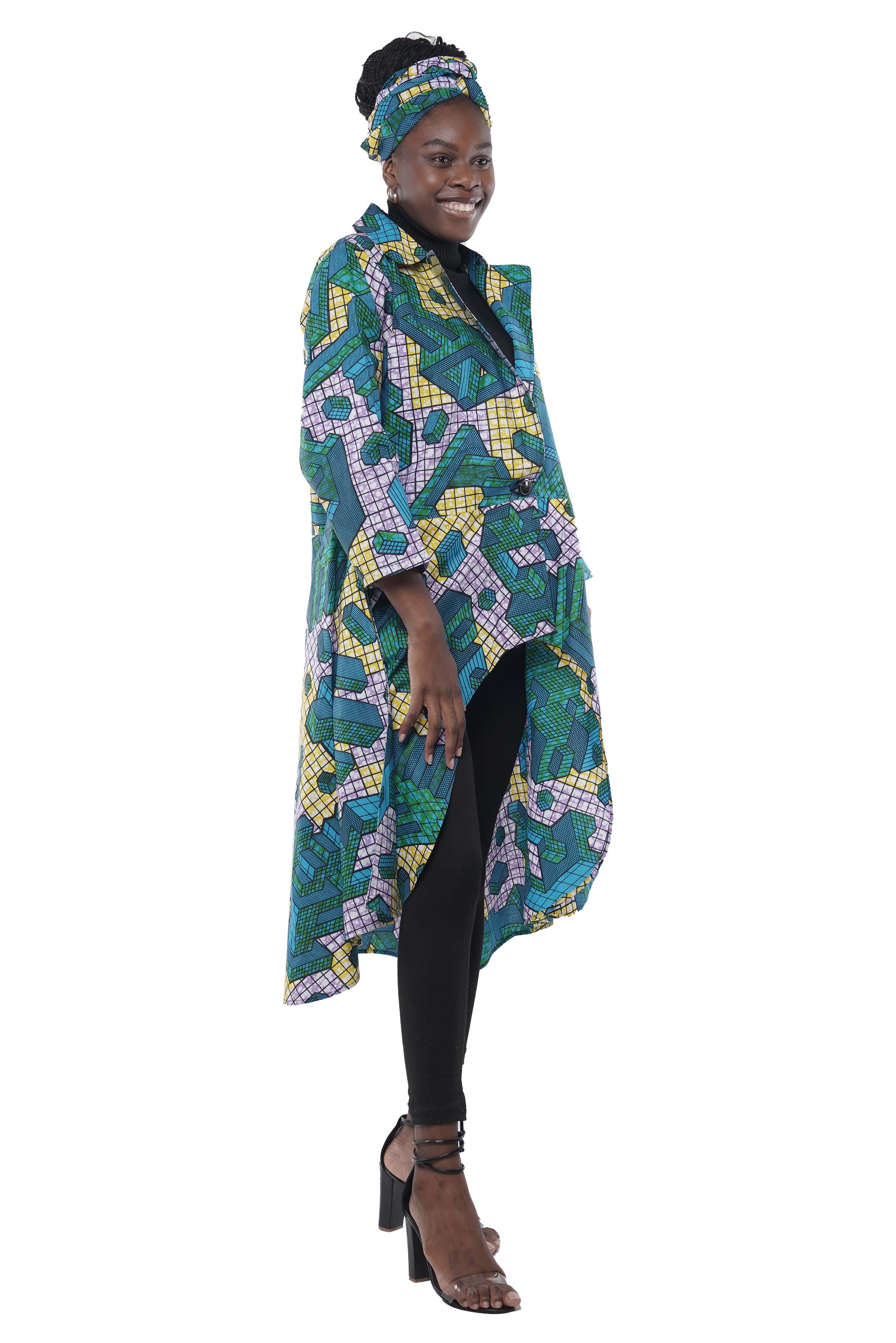 African High Low Jacket Trench Coat Kimono Duster 100% Cotton with Belt & Wrap