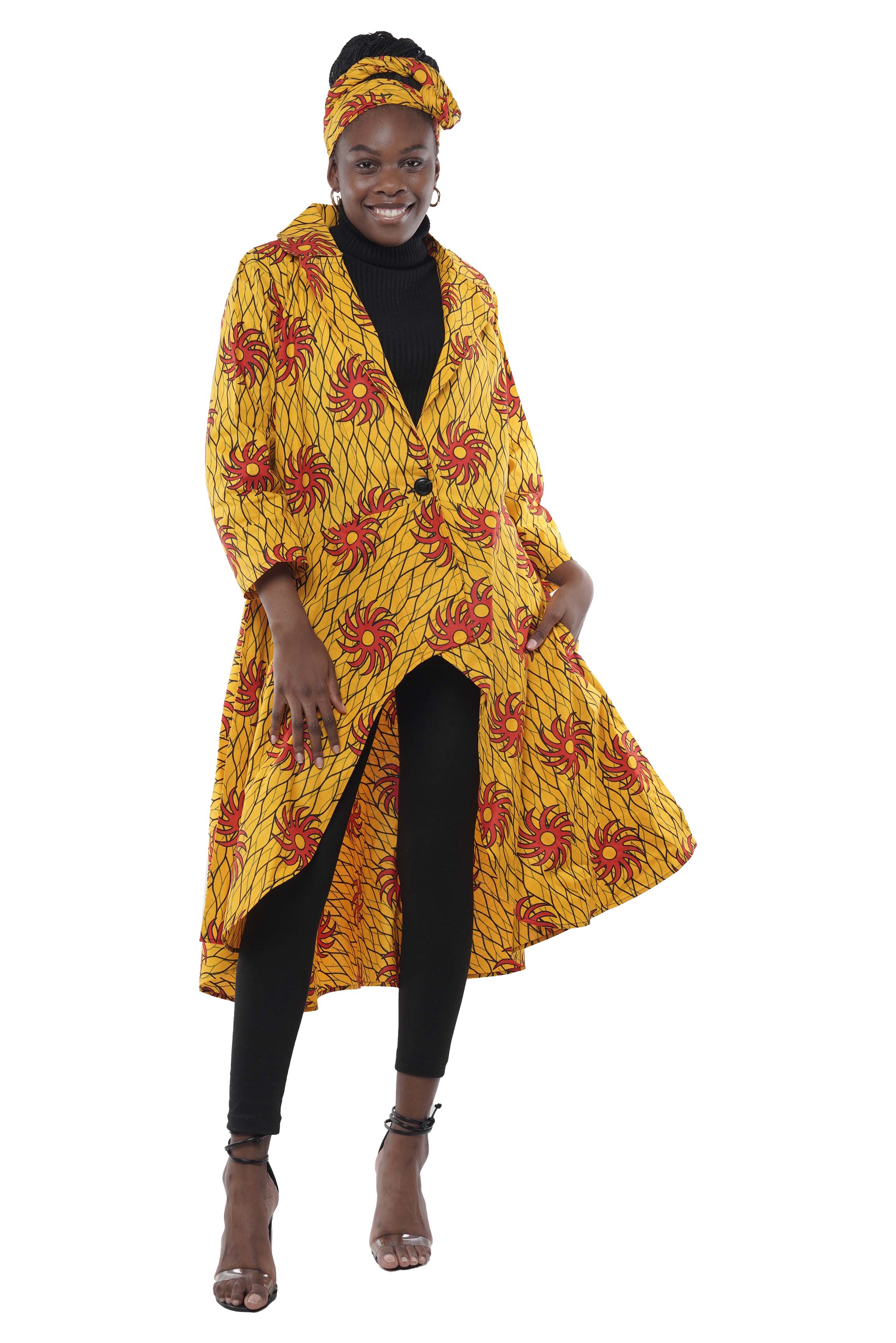African High Low Jacket Trench Coat Kimono Duster 100% Cotton with Belt & Wrap
