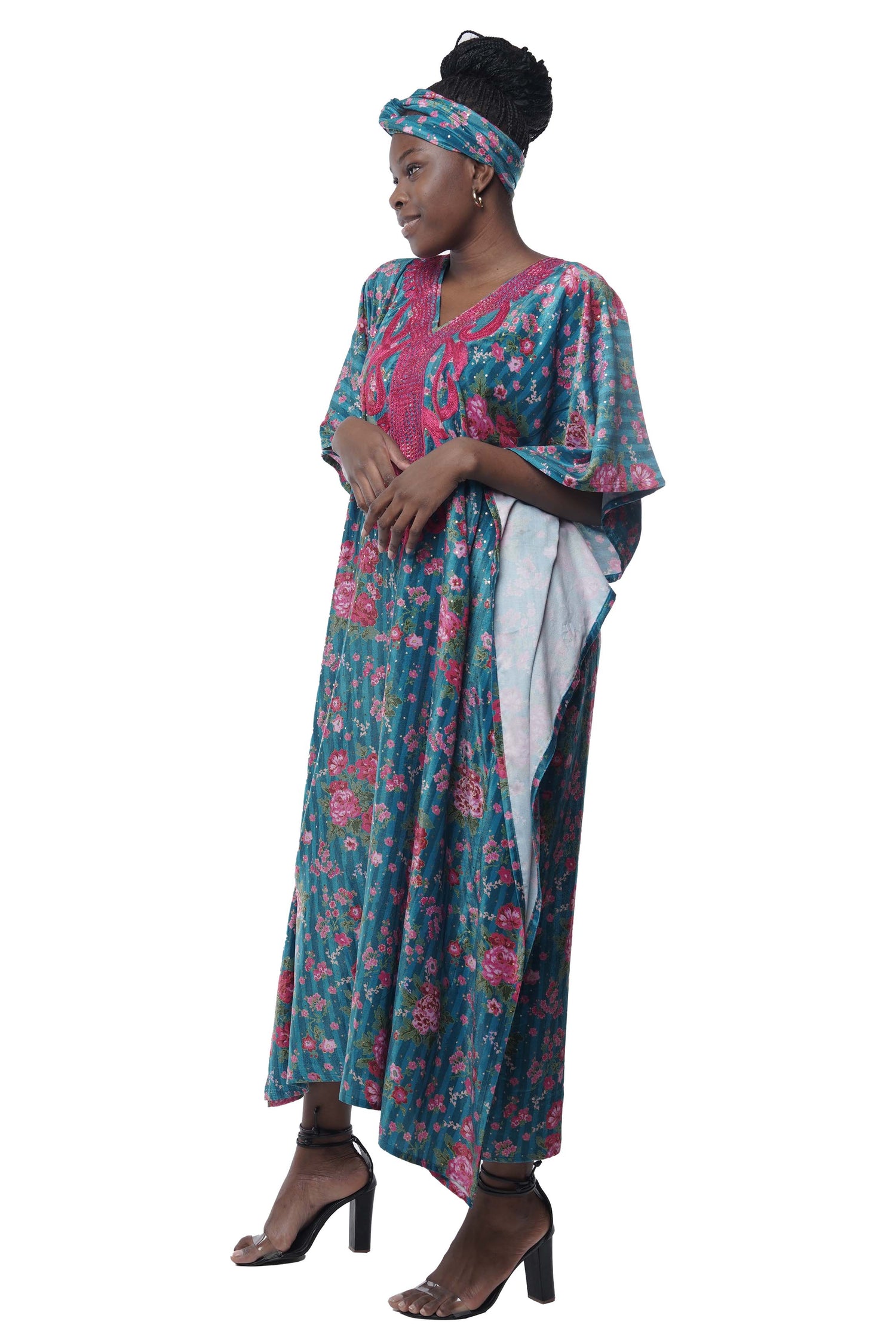 Embroidered velvet tie dye kaftan with matching headwrap