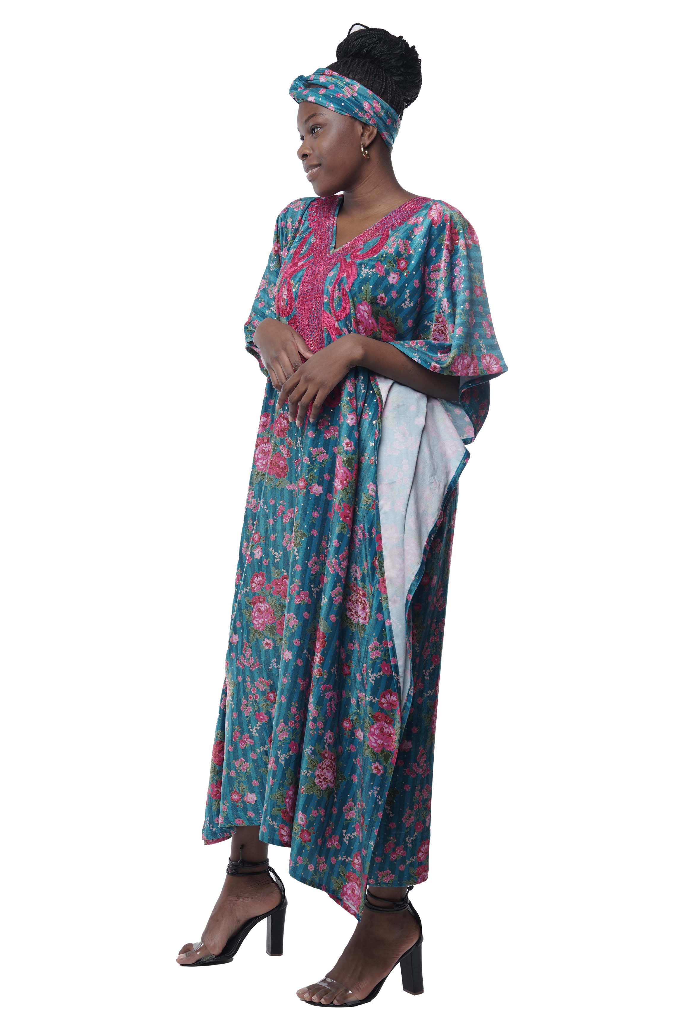Embroidered velvet tie dye kaftan with matching headwrap