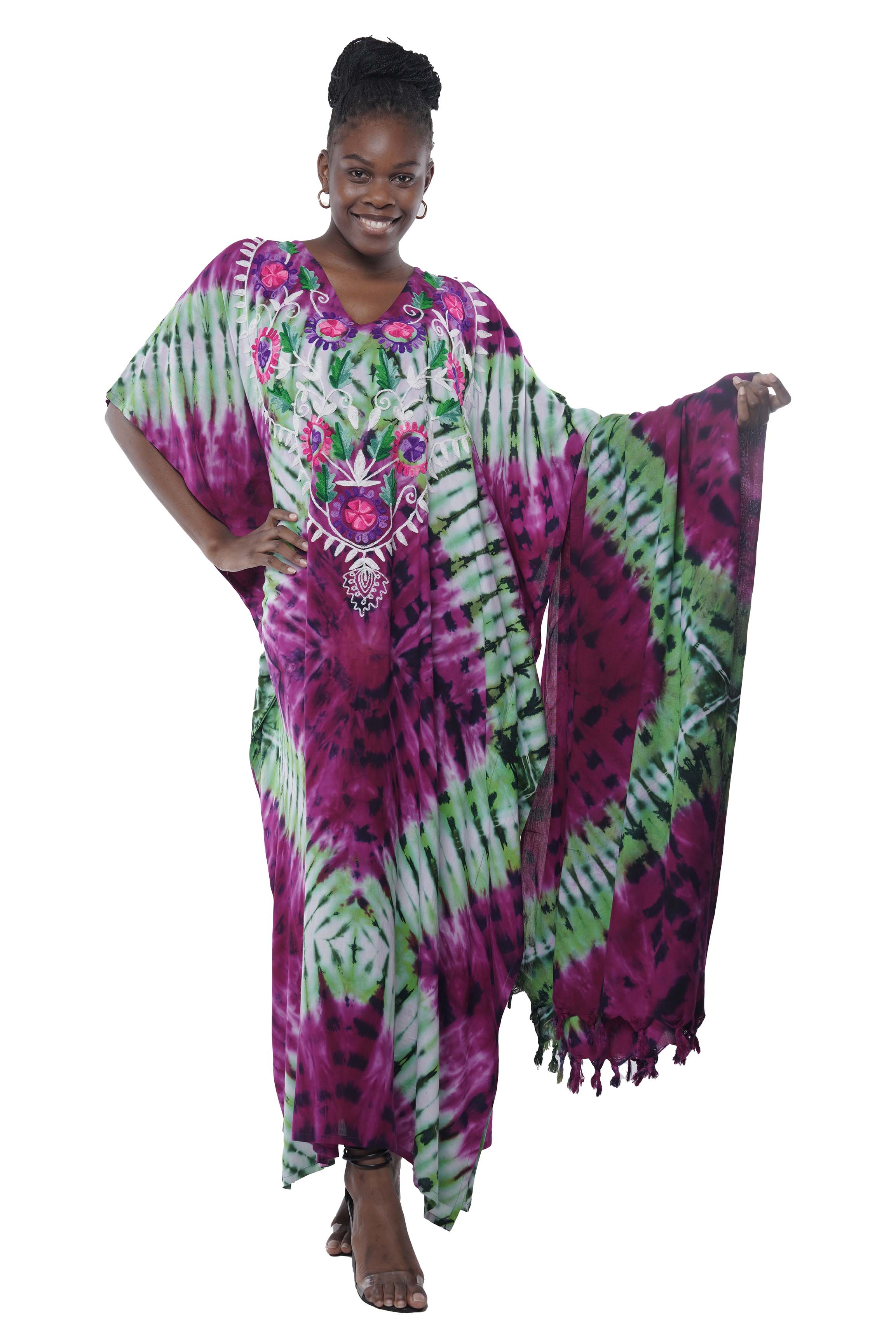 Embroidered tie dye kaftan with long stole front view