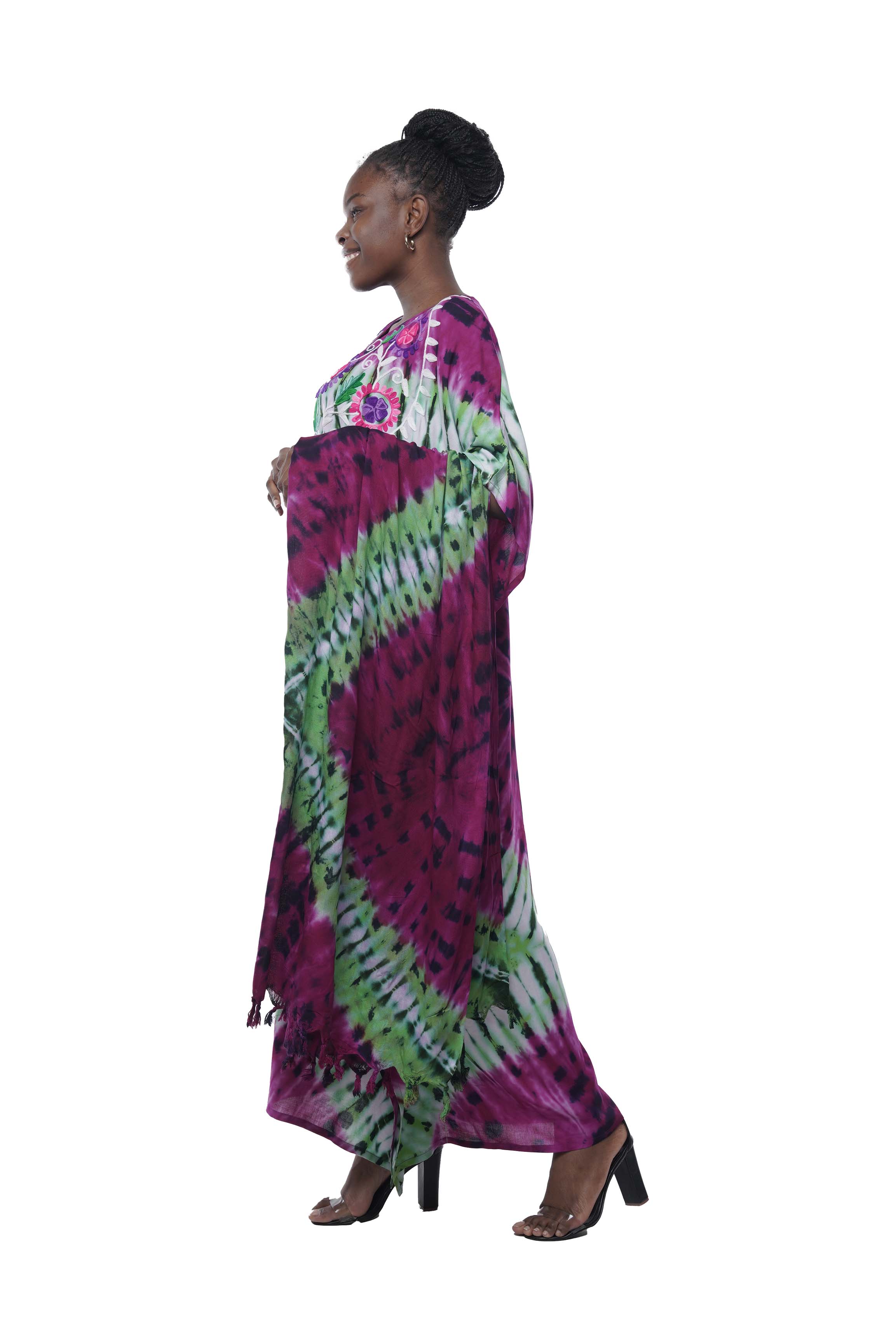 Afrocentric tie dye dress with fringed stole