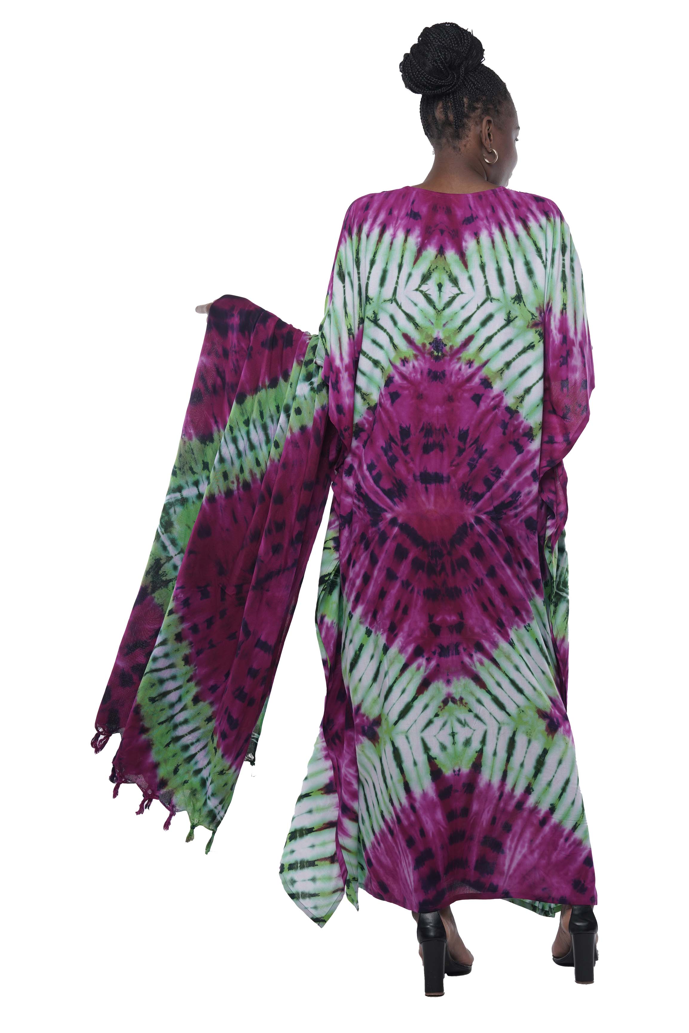 Afrocentric tie dye dress with fringed stole