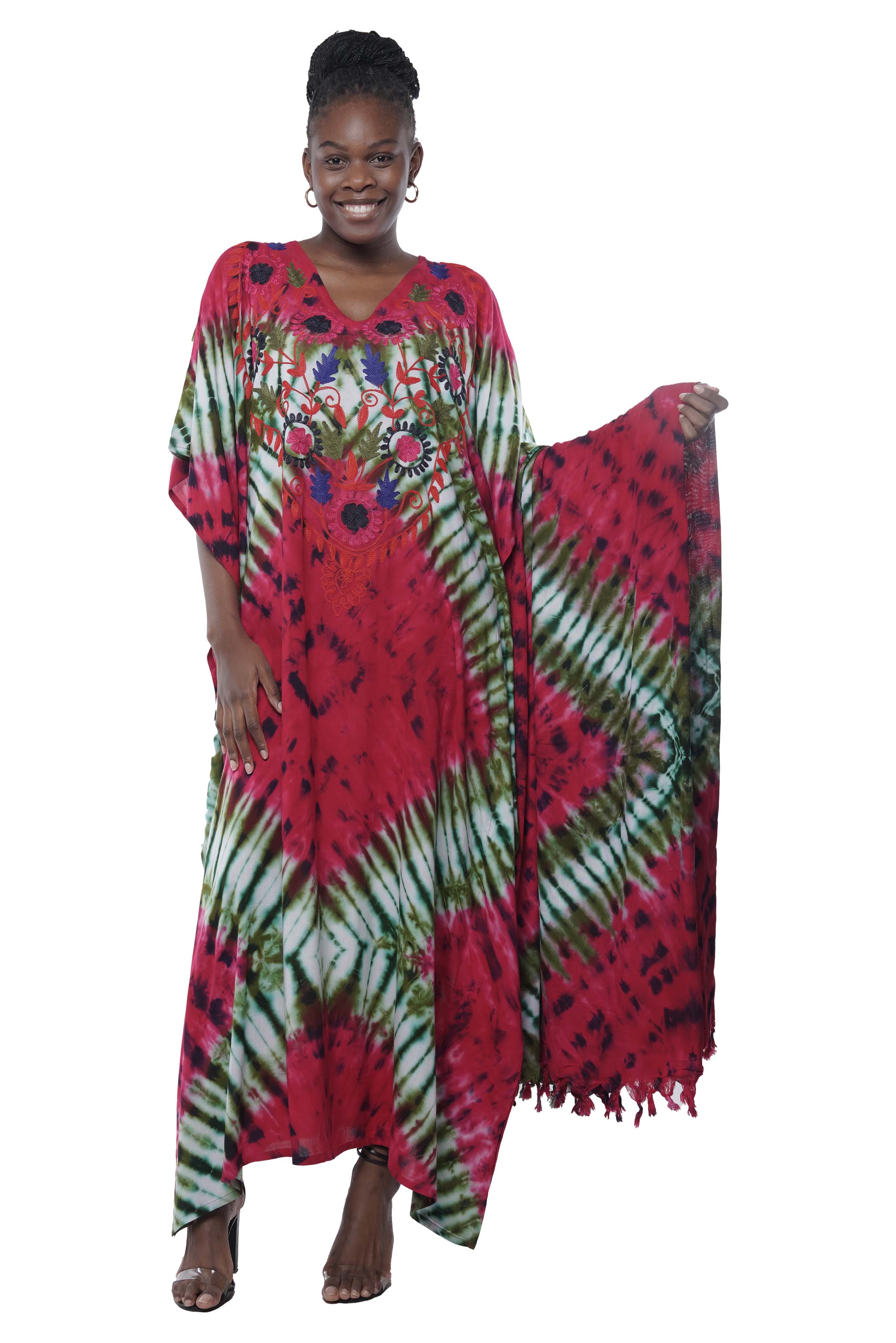 Embroidered tie dye kaftan with long stole front view