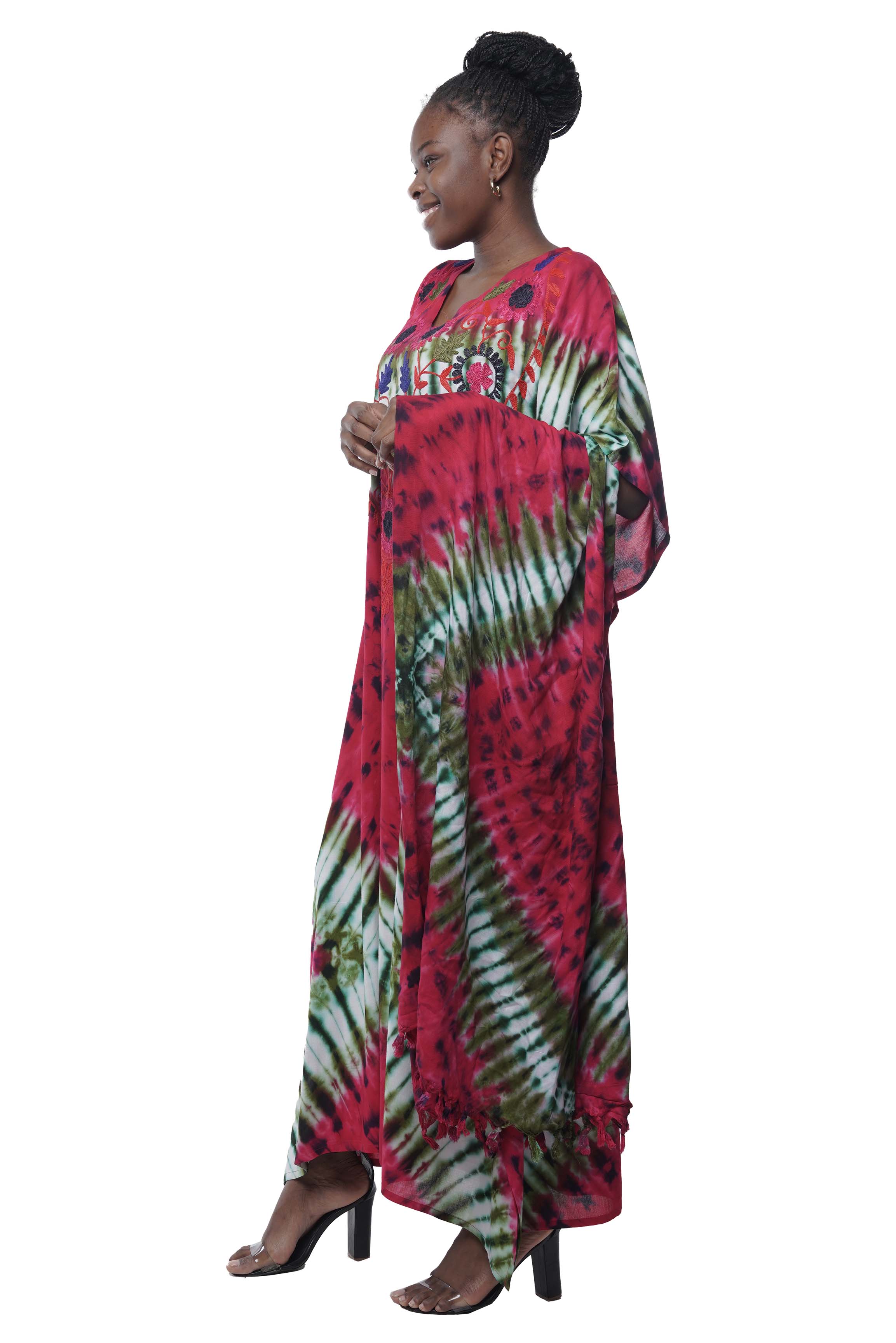 Afrocentric tie dye dress with fringed stole