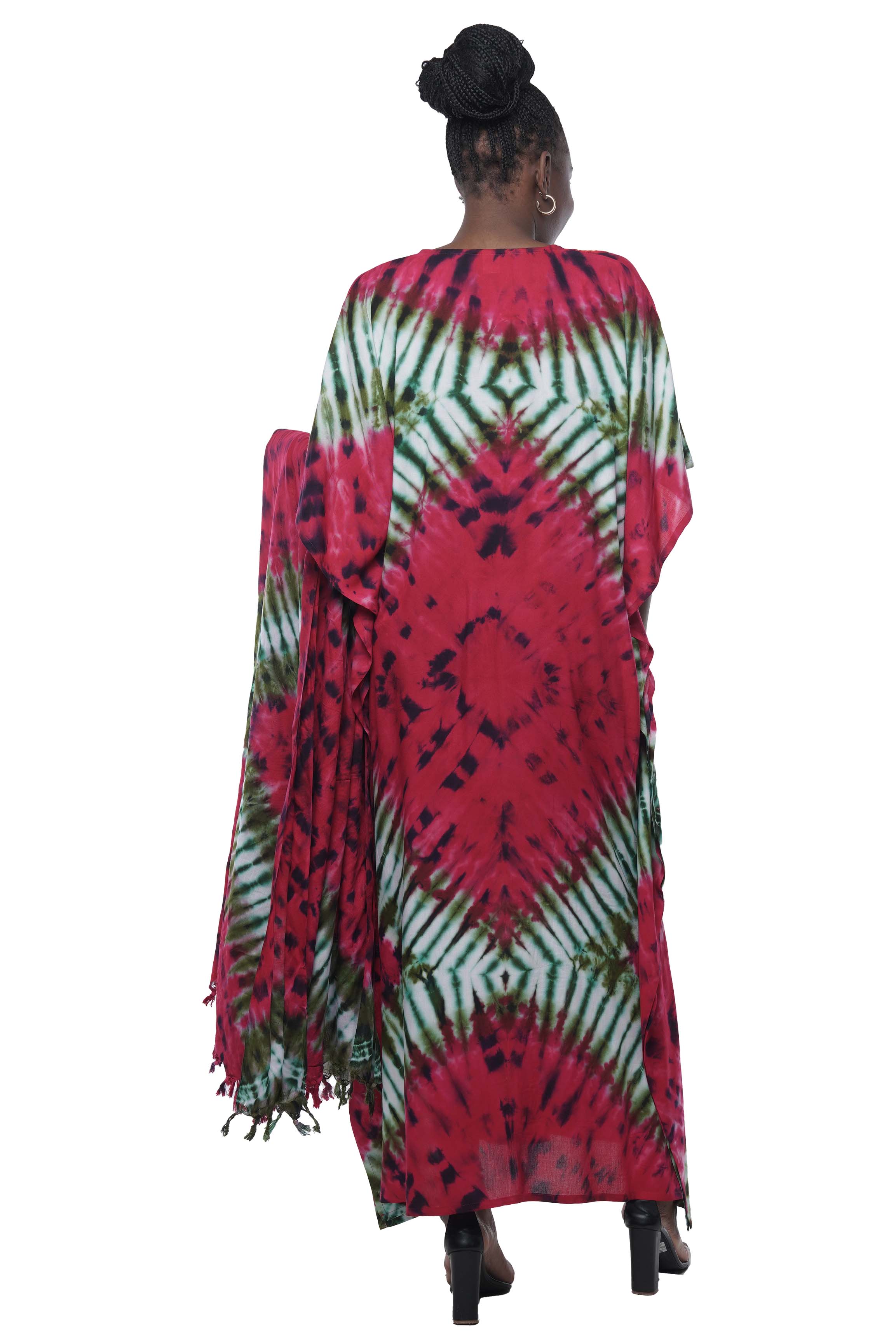 Afrocentric tie dye dress with fringed stole