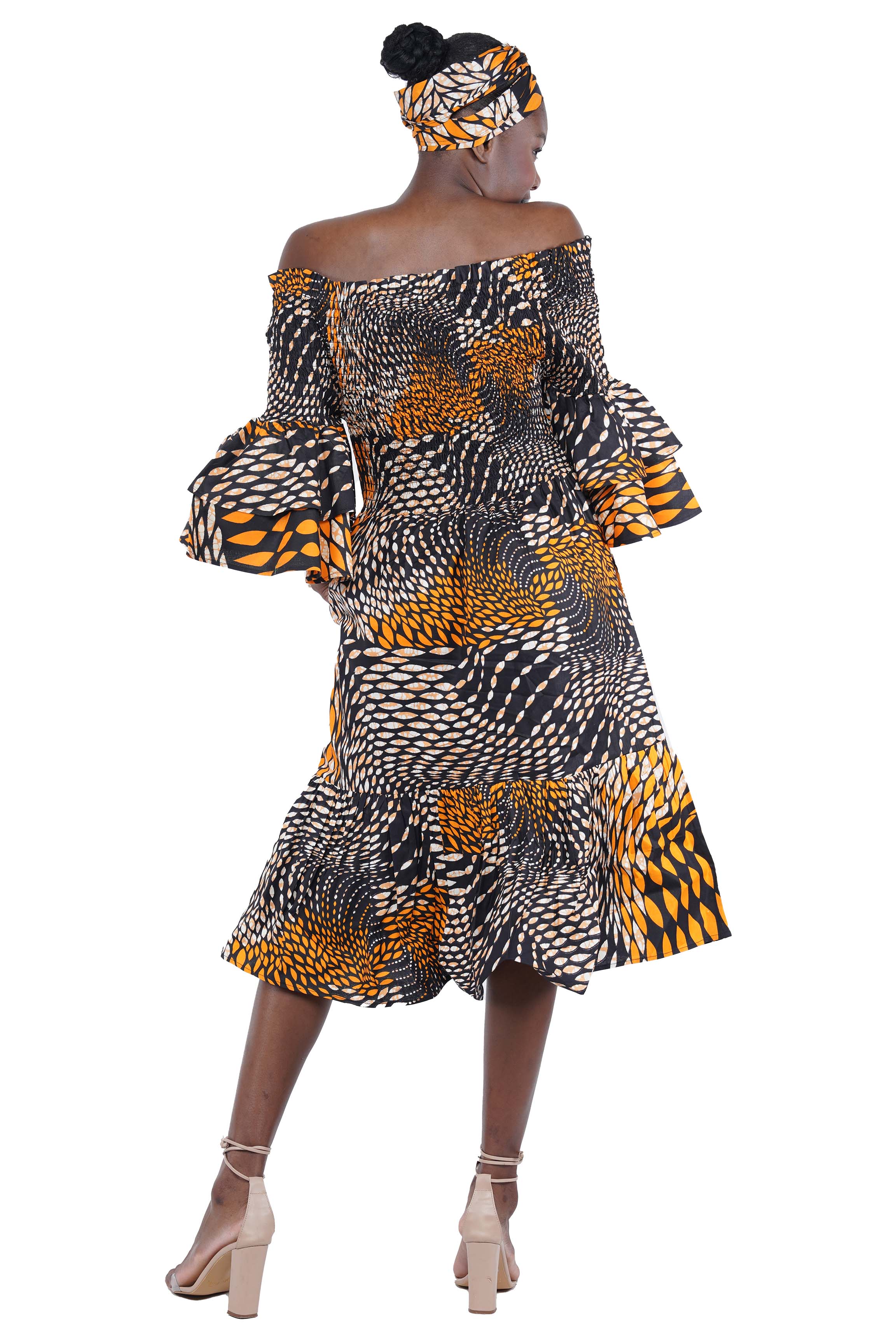 Ankara Midi Frill Neck Smoked Dress
