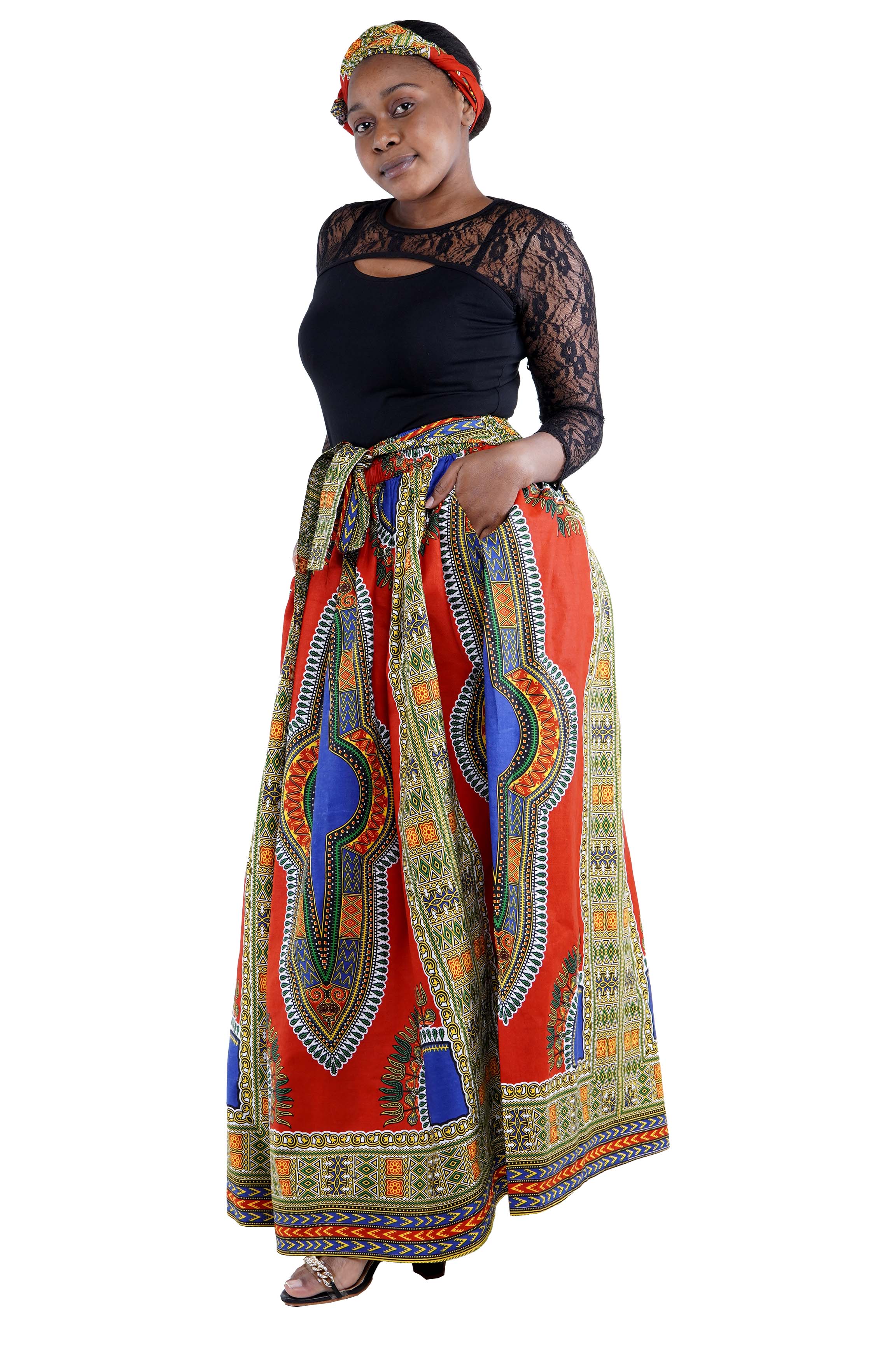 Red African Long Maxi Dashiki Skirt