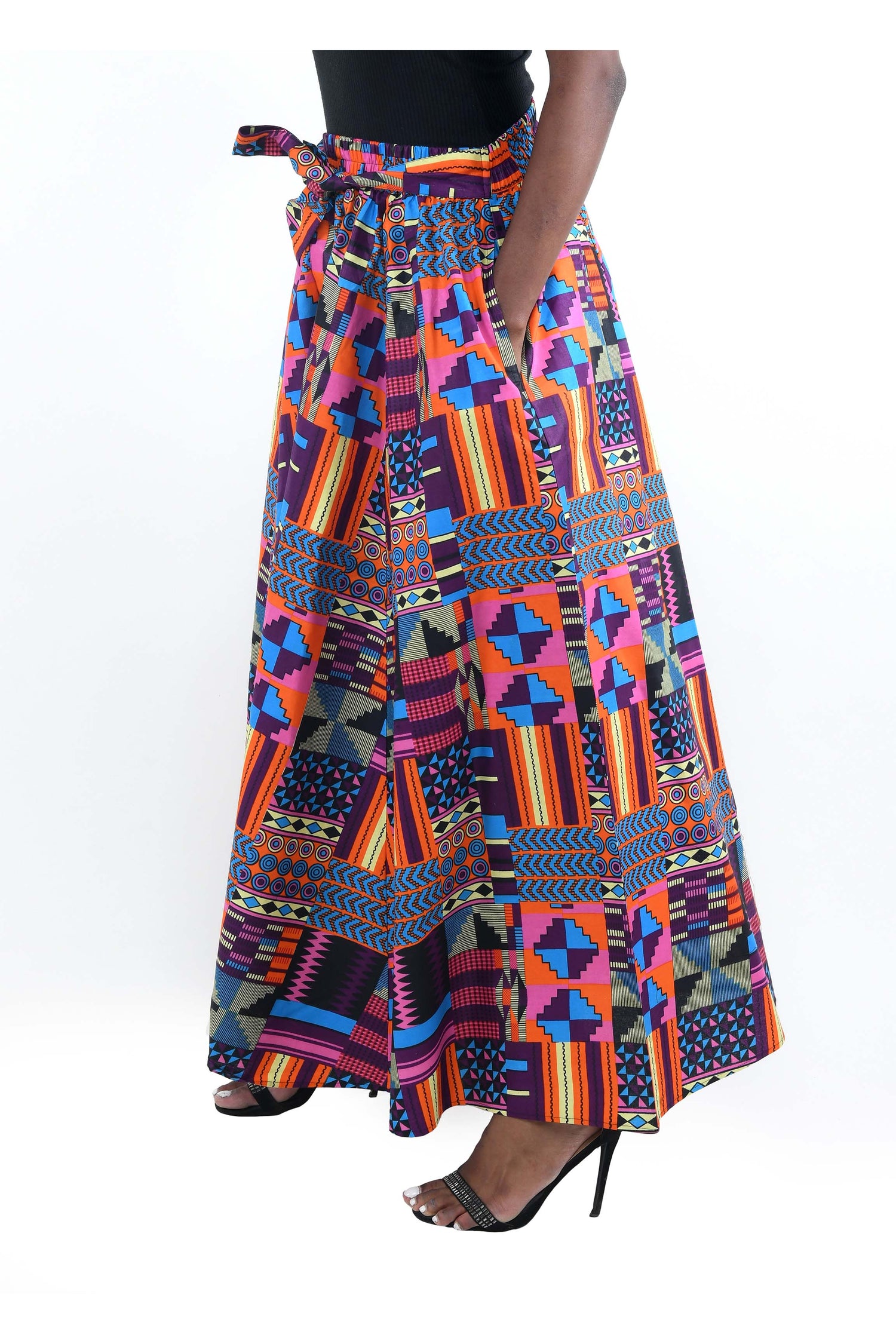 African Long Maxi Skirt 100% Cotton w/ Pockets & Headwrap One Size 41” Length