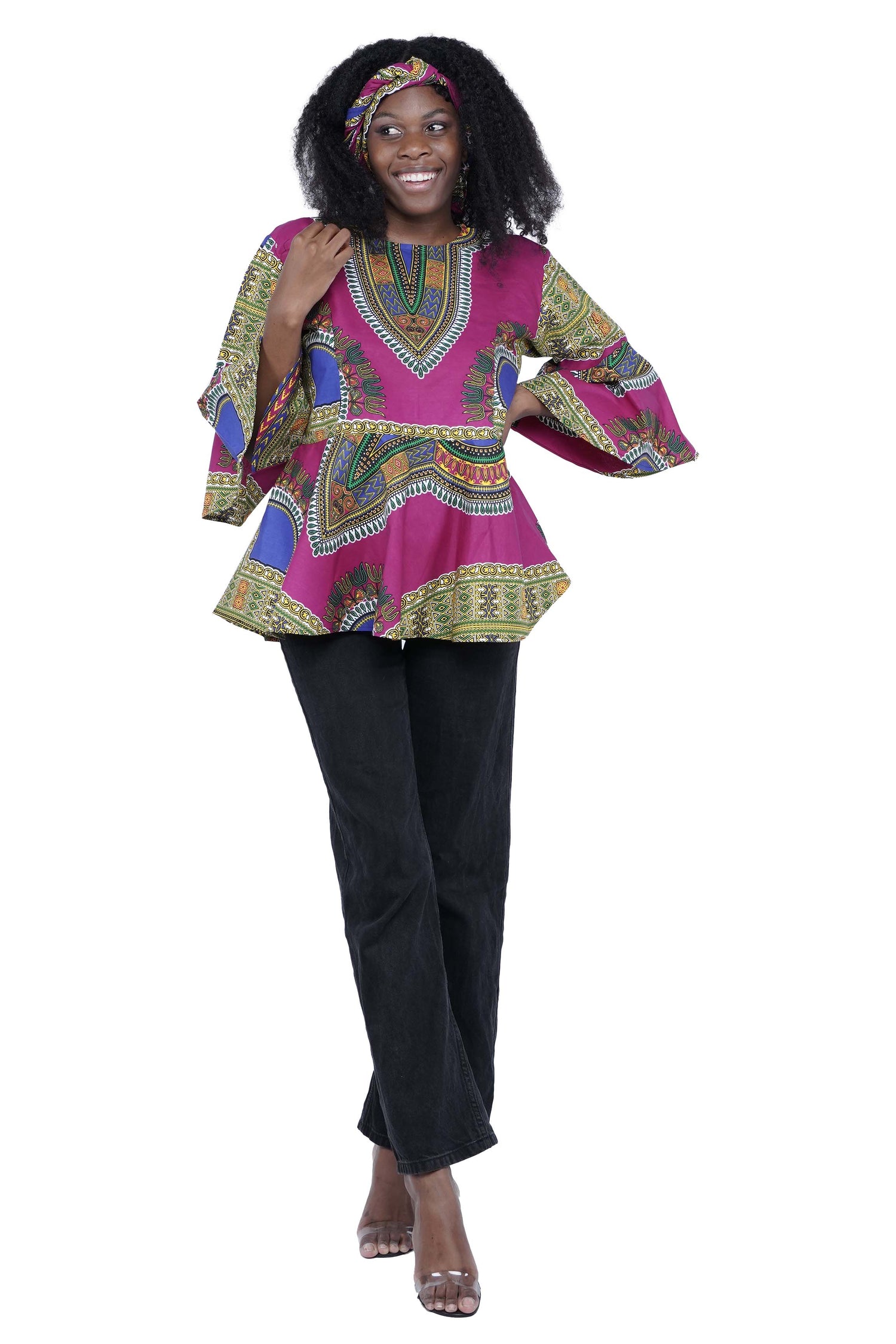 Purple Dashiki Umbrella Sleeve Blouse
