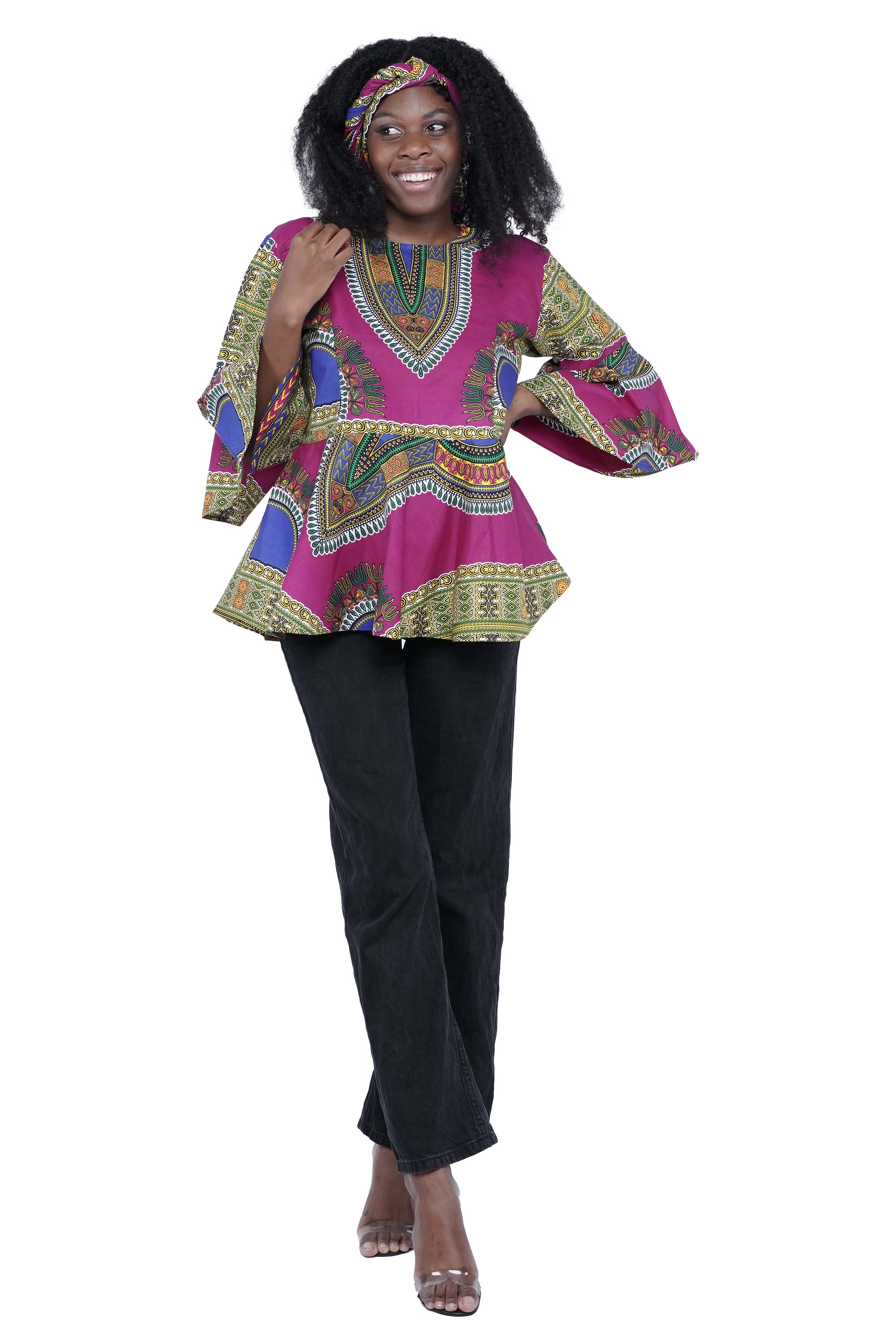 Purple Dashiki Umbrella Sleeve Blouse
