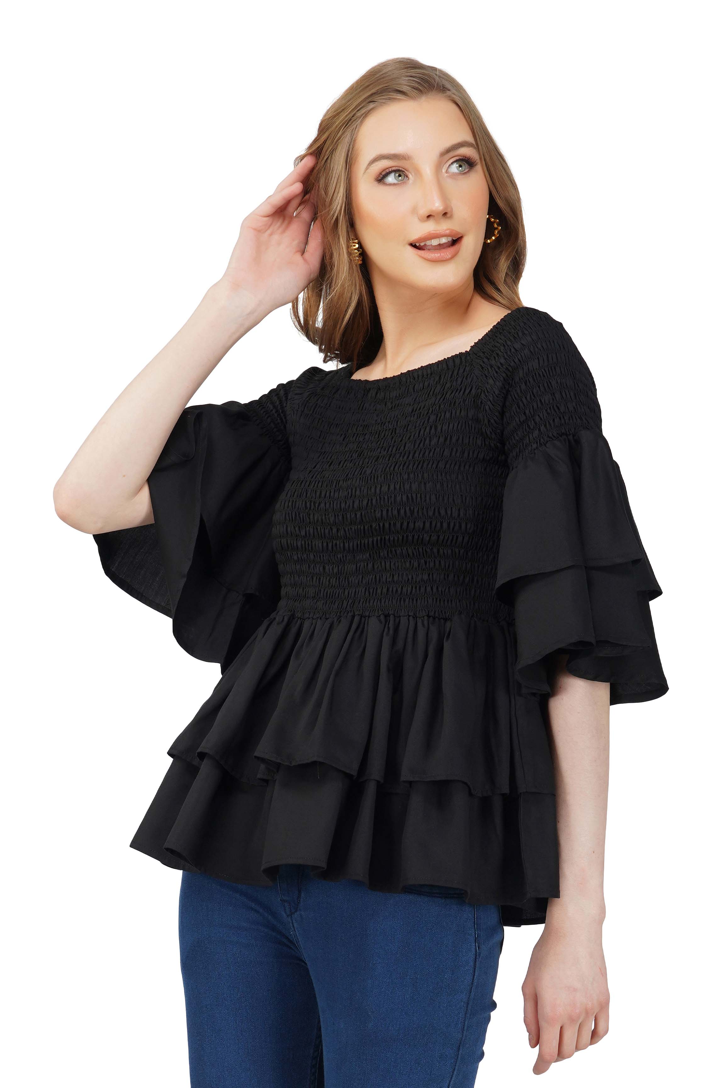 Black Smocked Off Shoulder Blouse, Double Layer Attire, 100% Cotton
