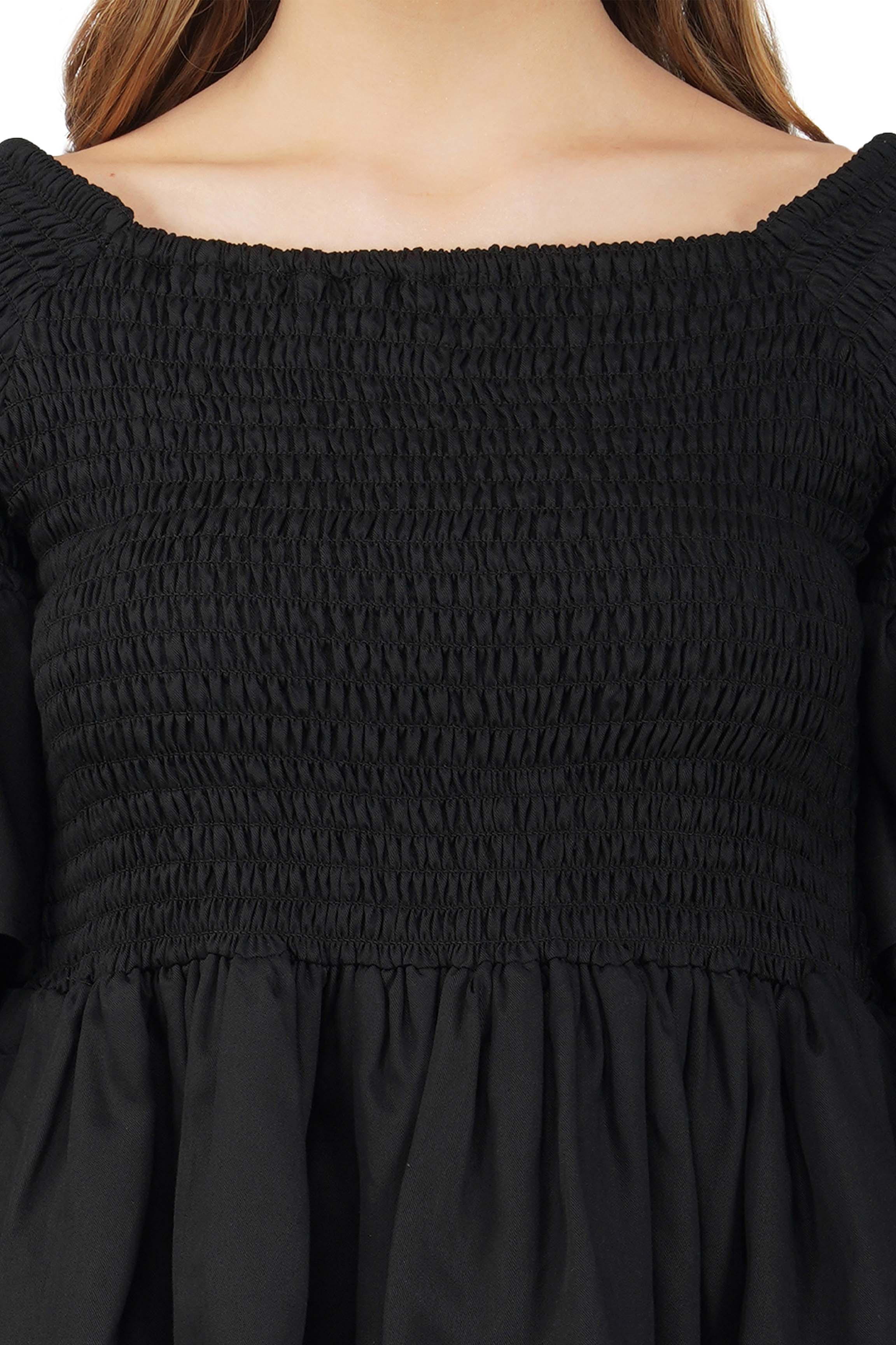 Black Smocked Off Shoulder Blouse, Double Layer Attire, 100% Cotton