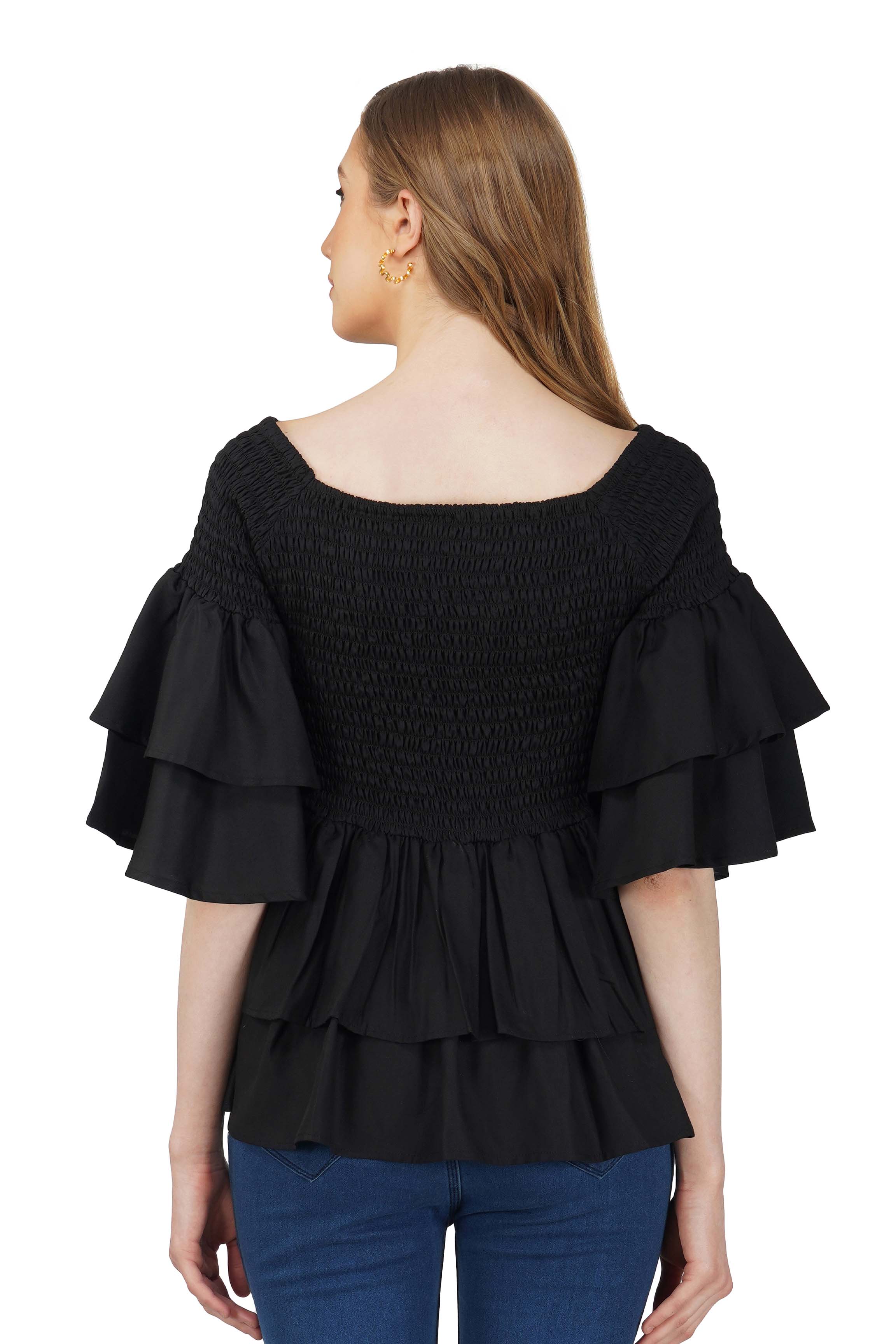 Black Smocked Off Shoulder Blouse, Double Layer Attire, 100% Cotton