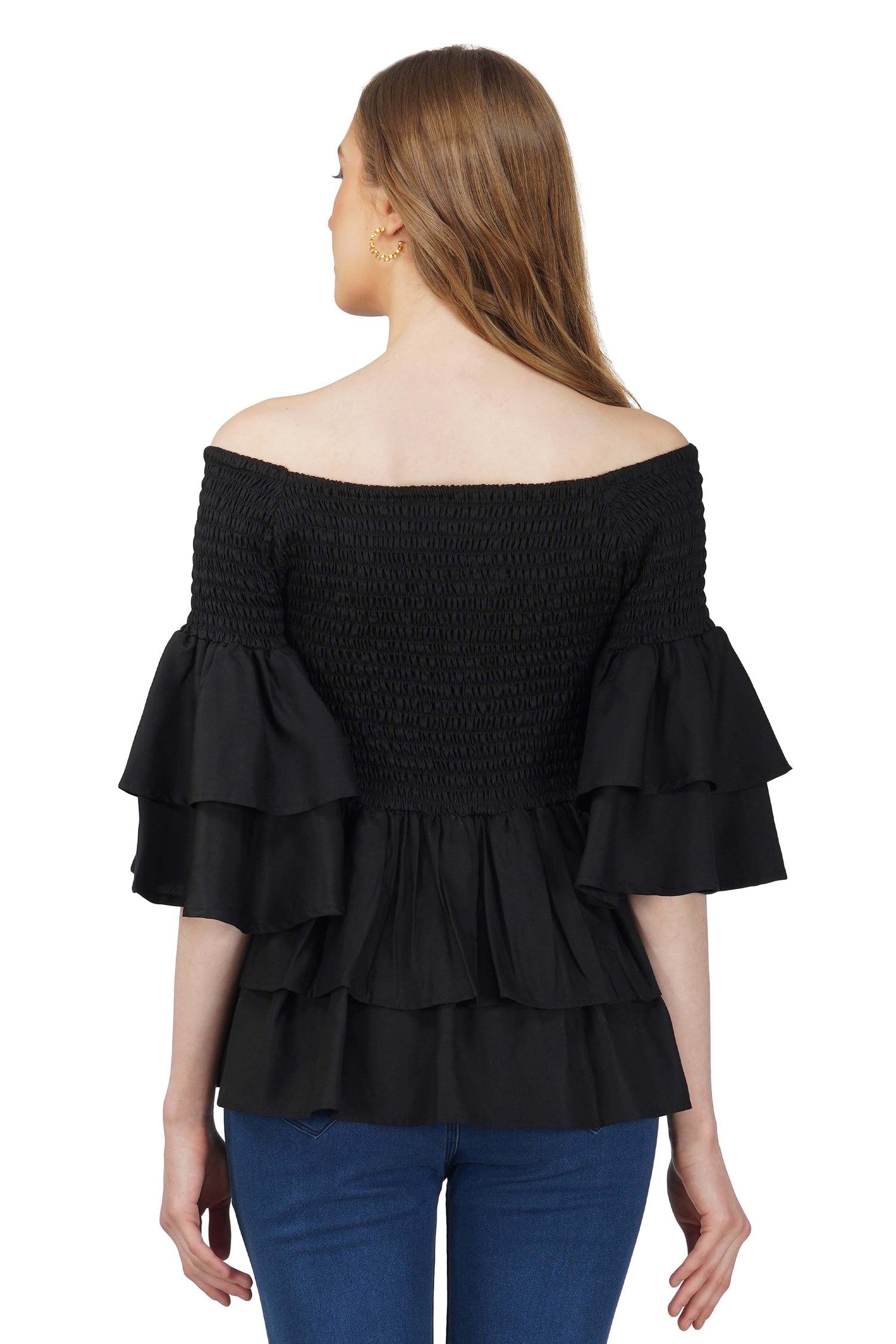 Black Smocked Off Shoulder Blouse, Double Layer Attire, 100% Cotton