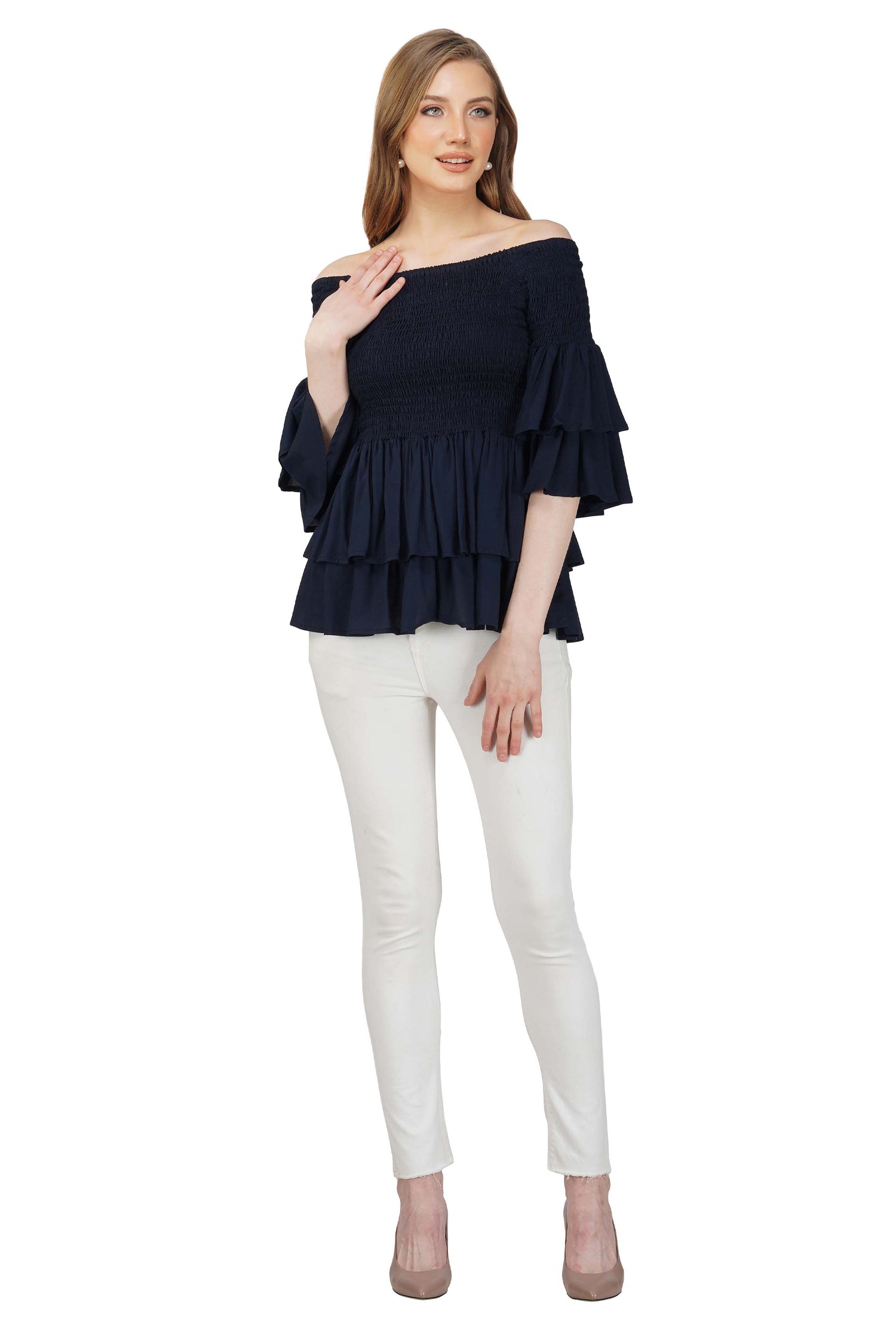 Navy Smocked Off Shoulder Blouse, Double Layer Attire, 100% Cotton