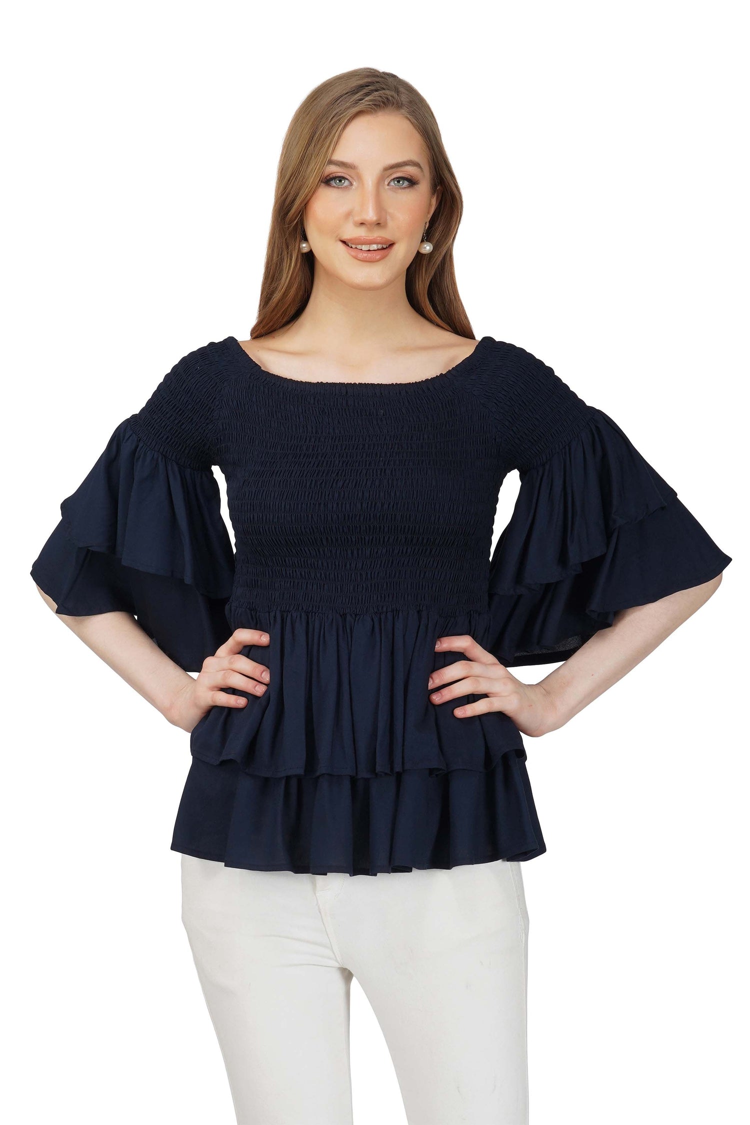 Navy Smocked Off Shoulder Blouse, Double Layer Attire, 100% Cotton