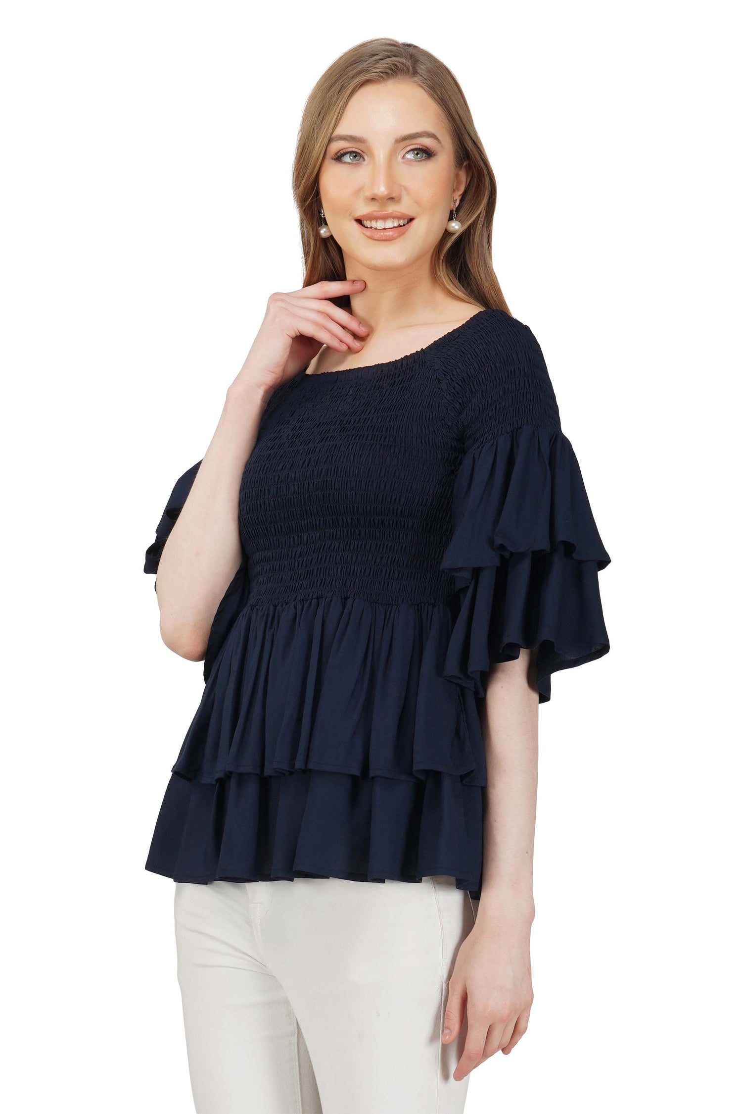 Navy Smocked Off Shoulder Blouse, Double Layer Attire, 100% Cotton