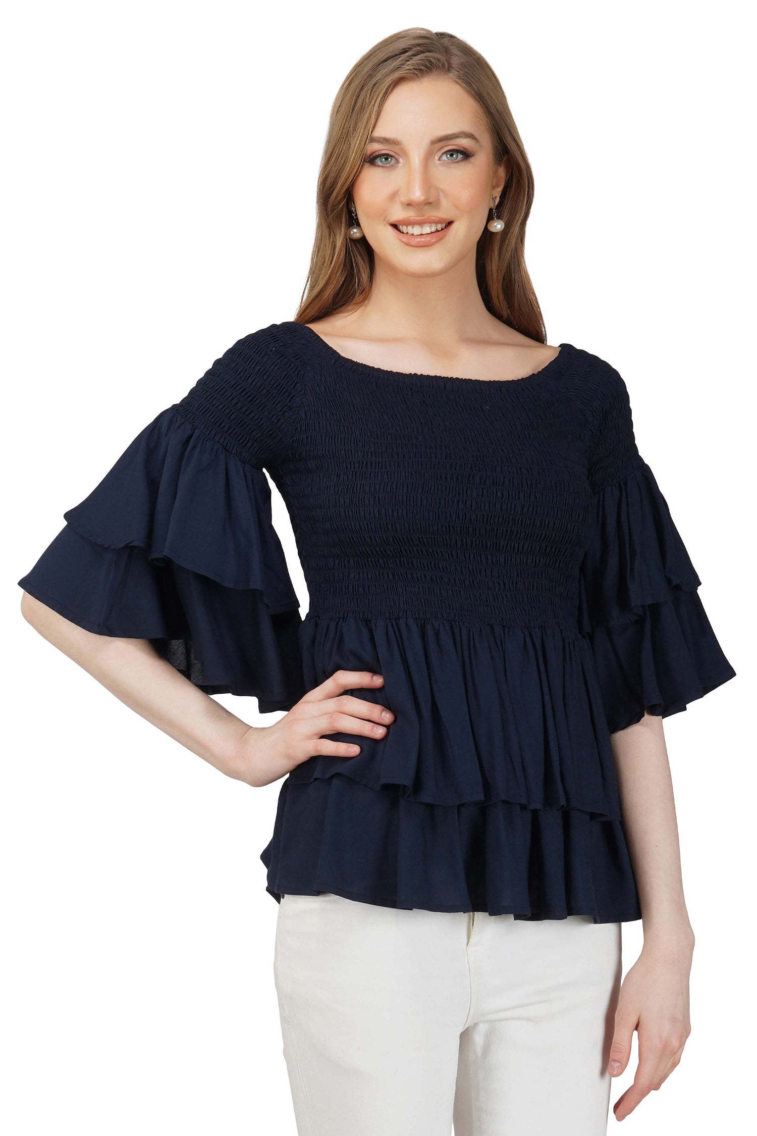 Navy Smocked Off Shoulder Blouse, Double Layer Attire, 100% Cotton