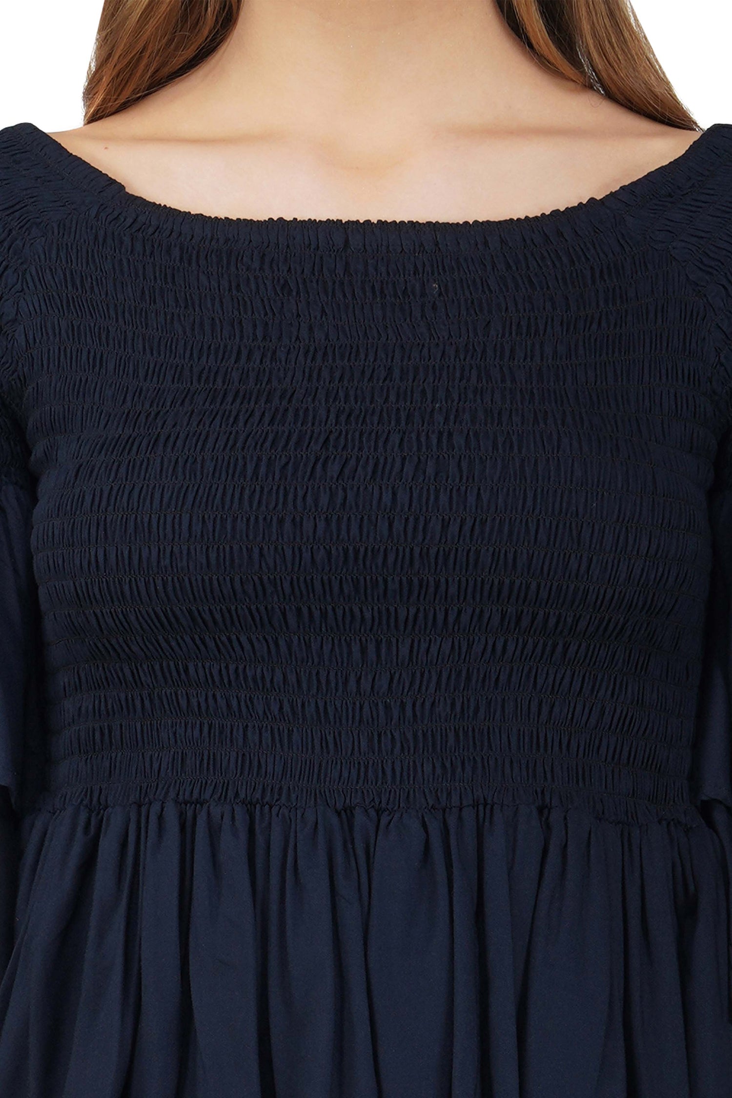 Navy Smocked Off Shoulder Blouse, Double Layer Attire, 100% Cotton