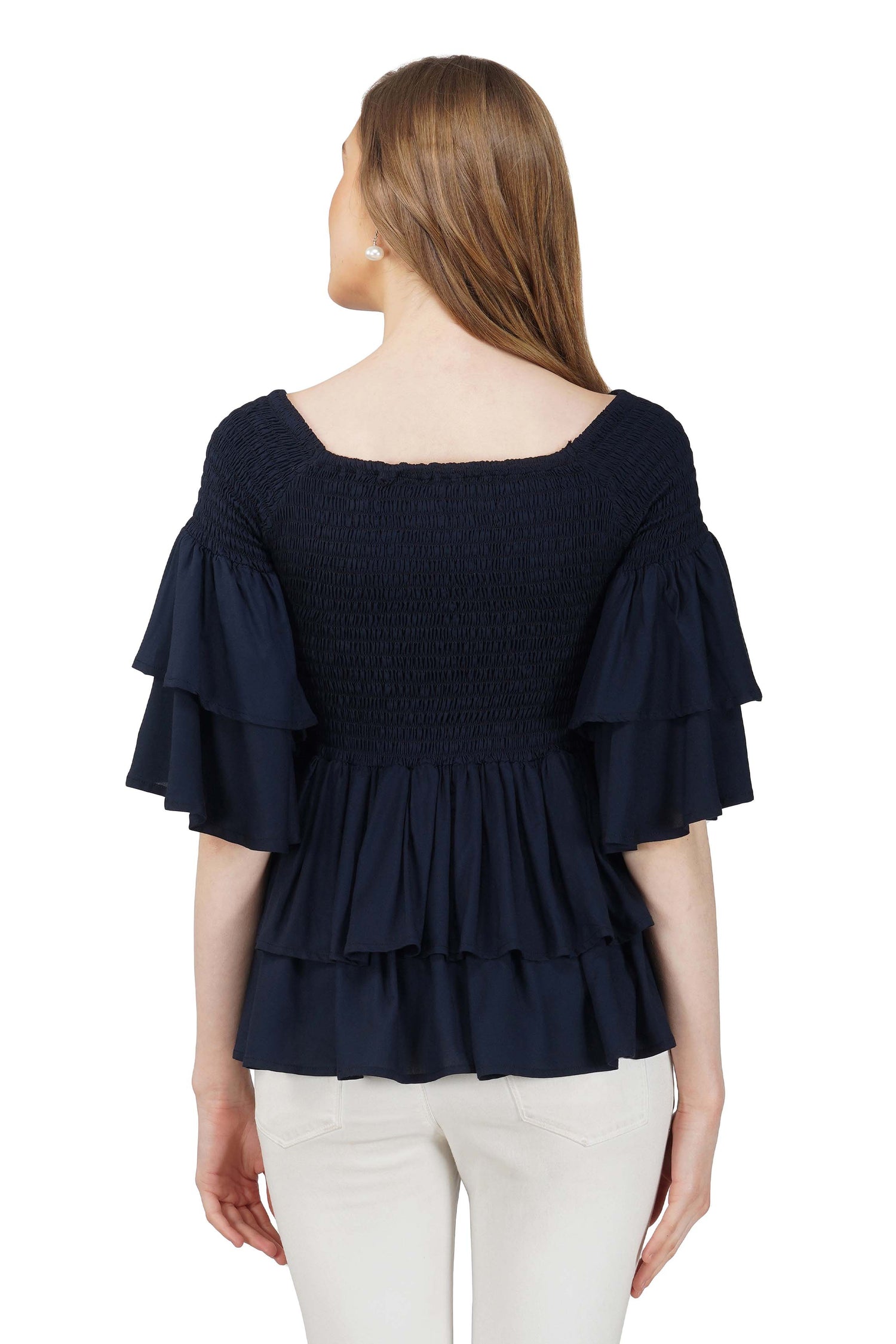 Navy Smocked Off Shoulder Blouse, Double Layer Attire, 100% Cotton