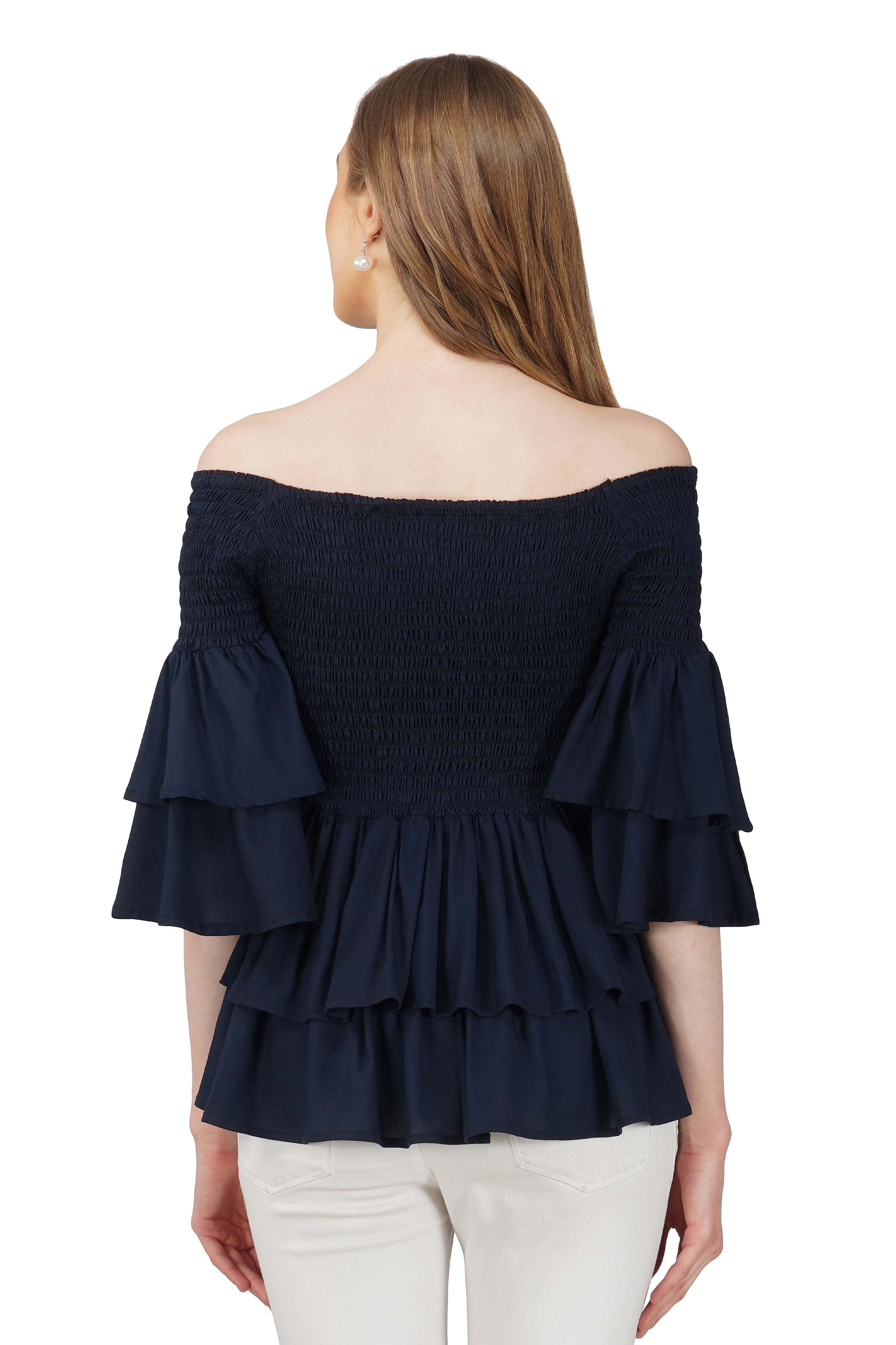 Navy Smocked Off Shoulder Blouse, Double Layer Attire, 100% Cotton