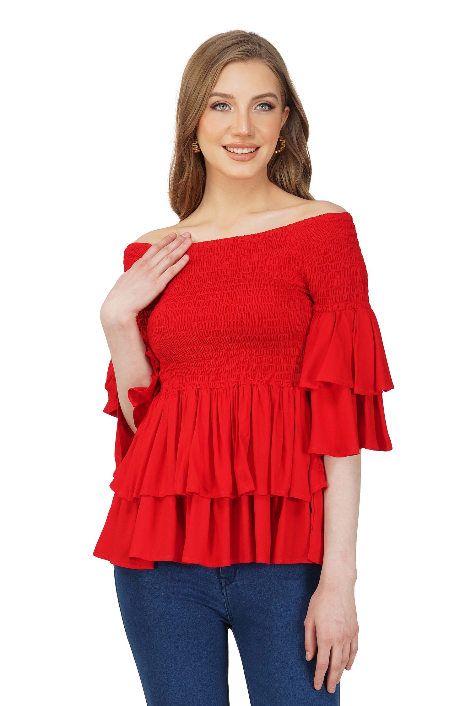 Red Smocked Off Shoulder Blouse, Double layer Attire, 100% Cotton