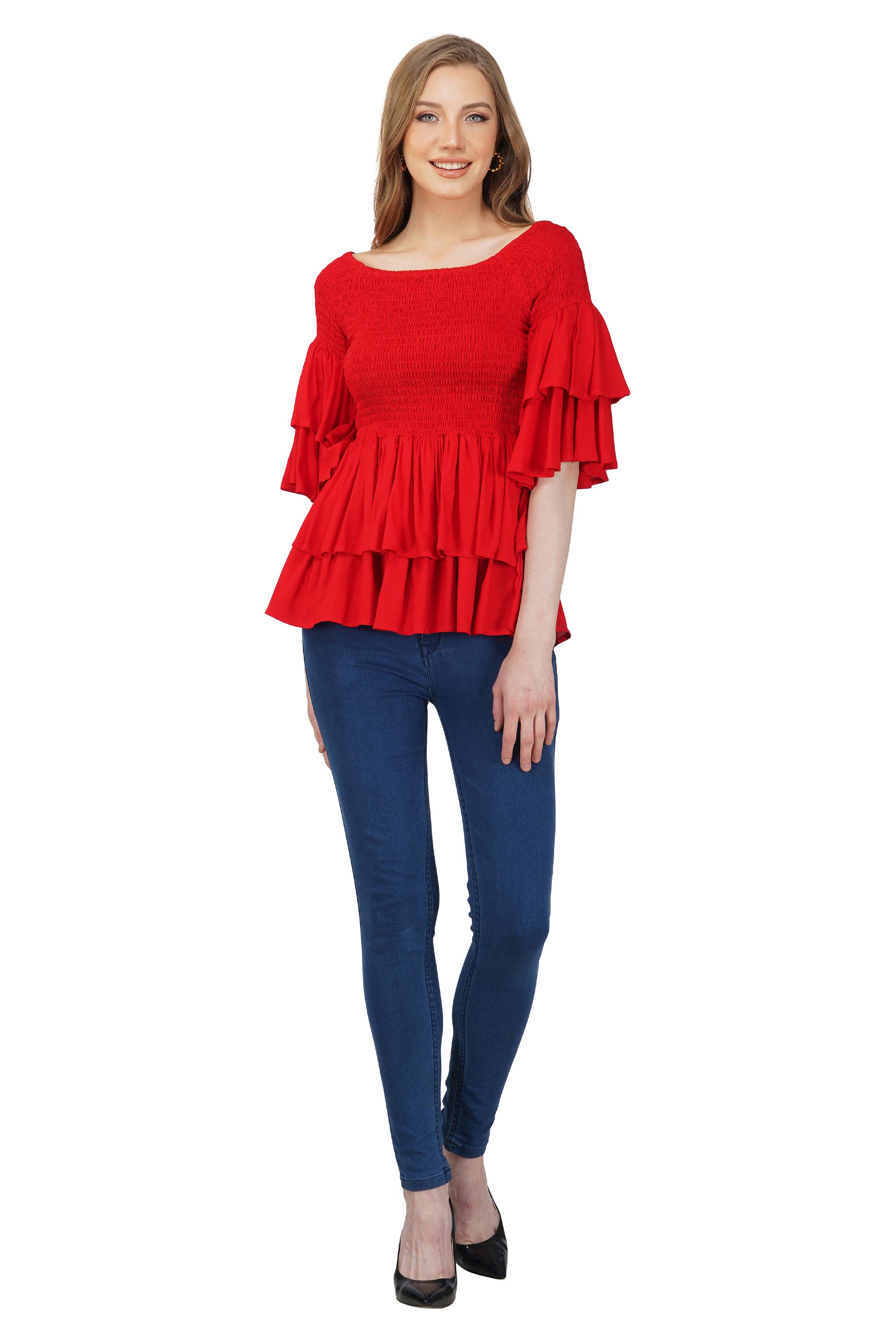 Red Smocked Off Shoulder Blouse, Double layer Attire, 100% Cotton