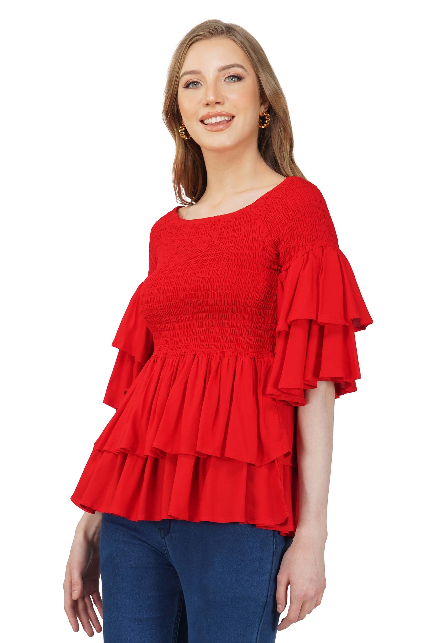 Red Smocked Off Shoulder Blouse, Double layer Attire, 100% Cotton