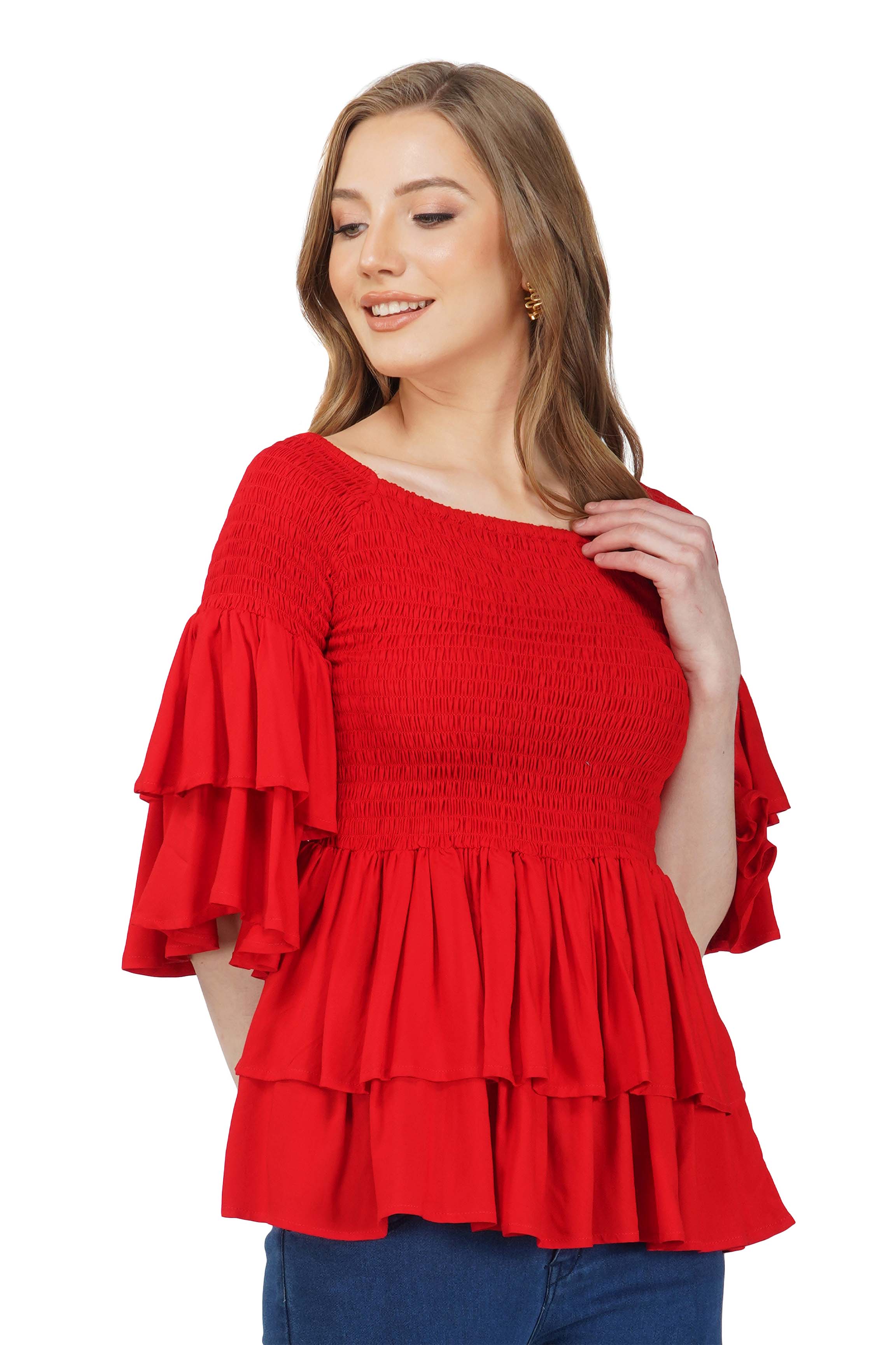 Red Smocked Off Shoulder Blouse, Double layer Attire, 100% Cotton