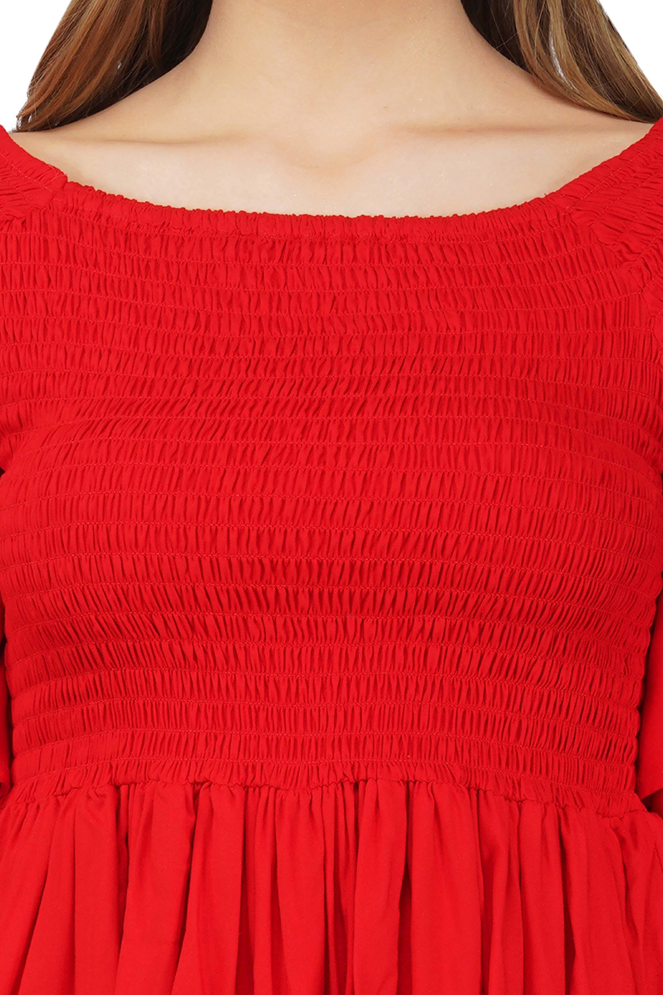 Red Smocked Off Shoulder Blouse, Double layer Attire, 100% Cotton