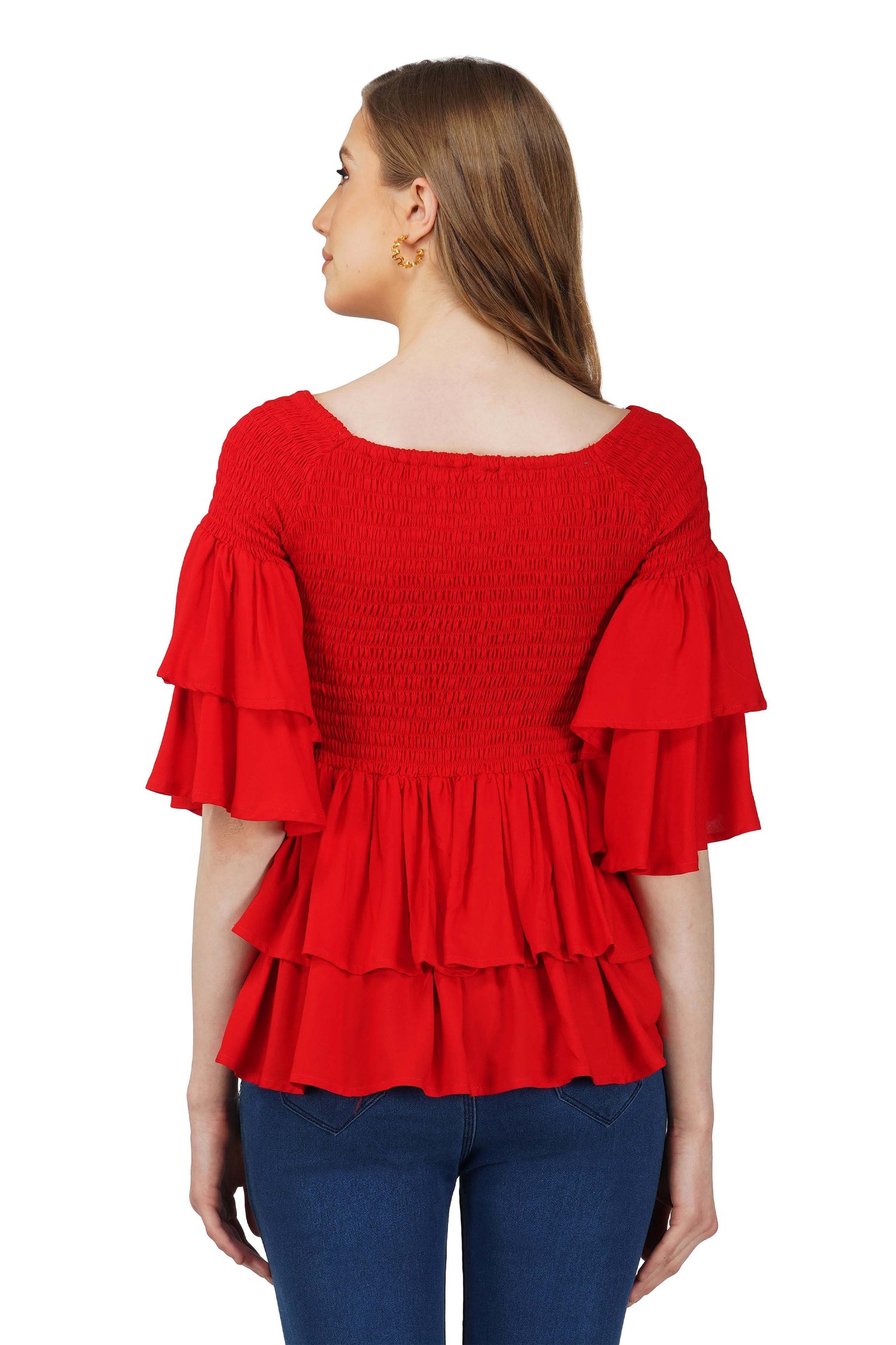 Red Smocked Off Shoulder Blouse, Double layer Attire, 100% Cotton